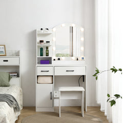 HAOYYE Vanity Desk Set with Lighted Mirror, 3-Color Adjustable Brightness, White Dressing Table with 2 Drawers, Storage Cabinet, and Upholstered Stool, Sturdy Space-Saving Design