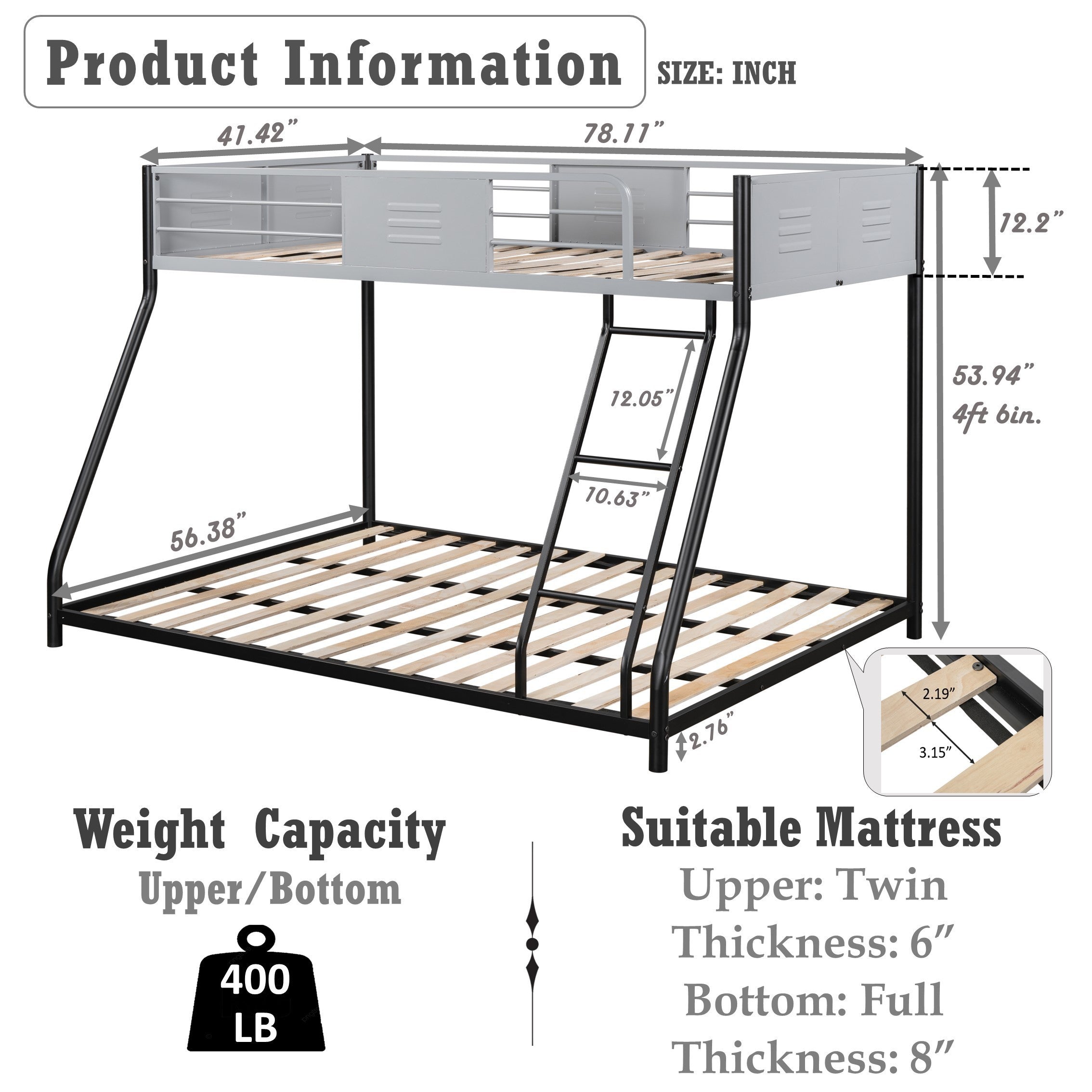 HAOYYE Metal Twin over Full Bunk Bed/ Heavy-duty Sturdy Metal/ Noise Reduced/ Safety Vent Board Guardrail/ CPC Certified/ No Box Spring Needed Space-Saving Heavy Duty Modern Design Adults Dorm Room