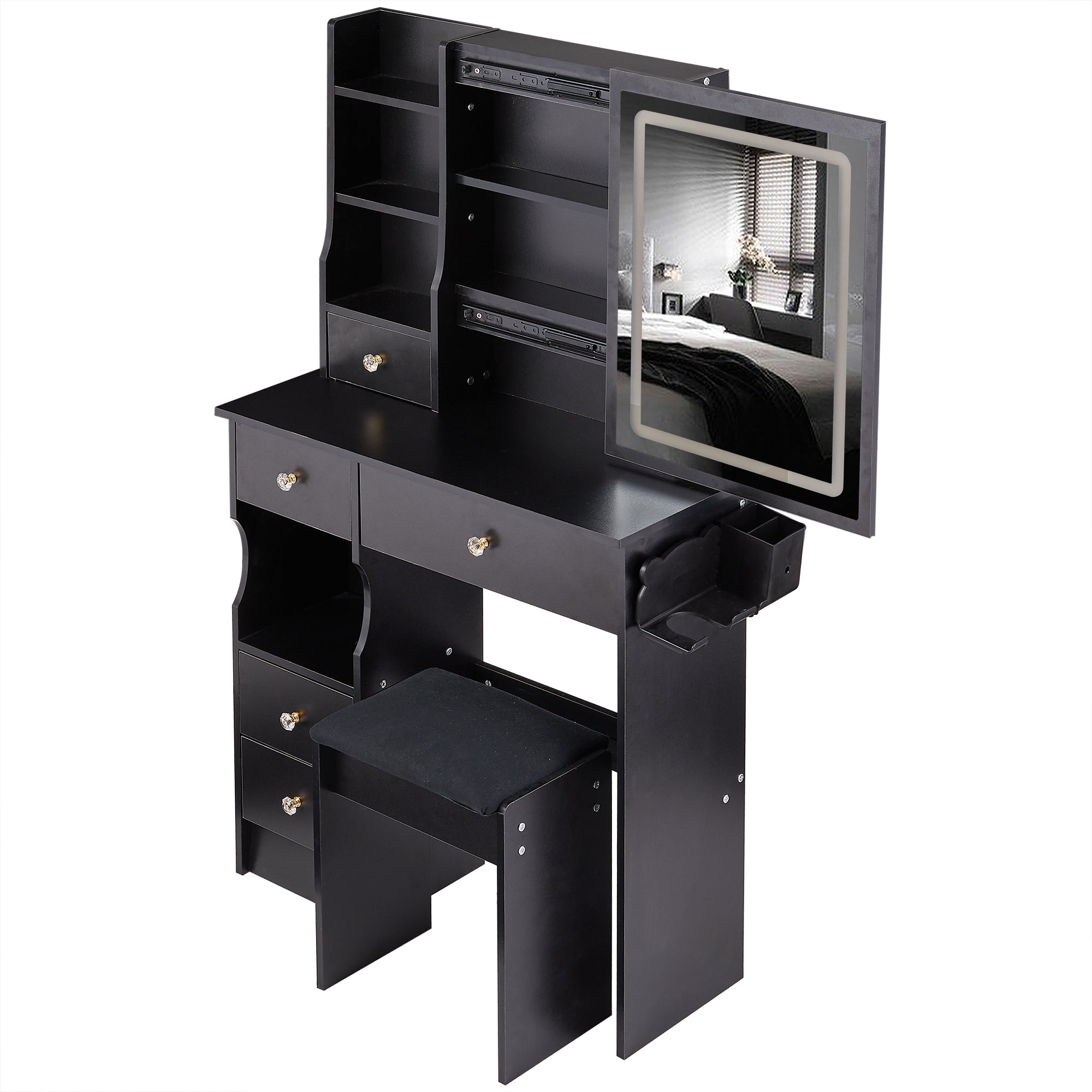 HAOYYE Small Size Left Drawer Desktop Vanity Table + Cushioned Stool, 2 AC+2 USB Power Station, Hair dryer bracket, Extra Large Touch Control Sliding LED Mirror, Tri-color Switching, EPA,GCC,UL Certificate