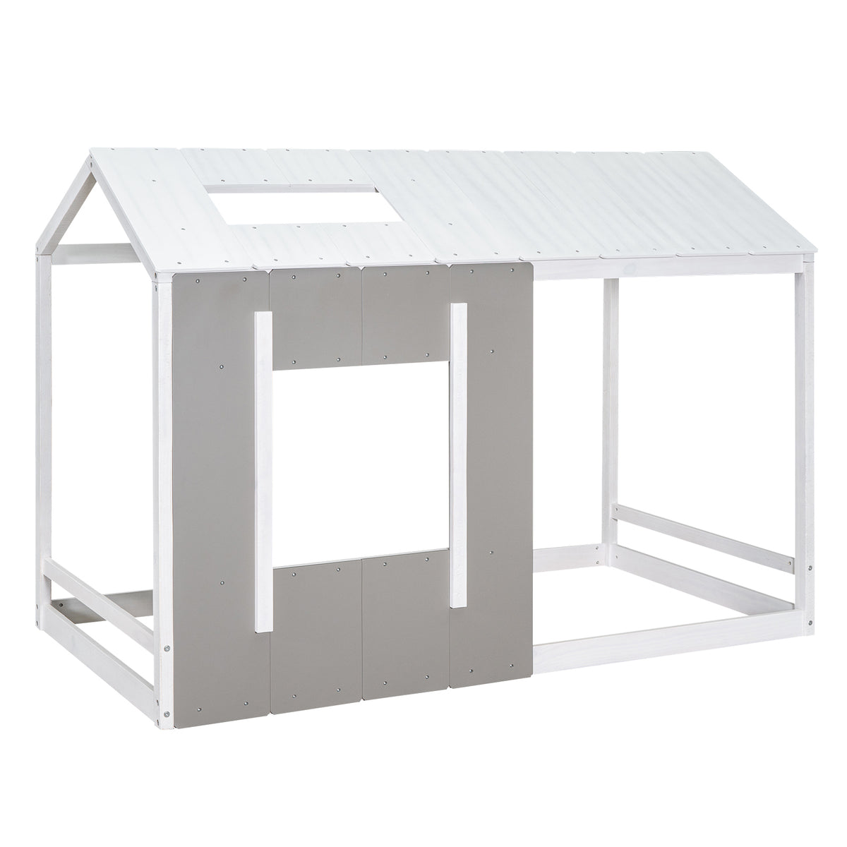 HAOYYE Twin Size House Platform with Roof and Window, White+Antique Grey(Old SKU: WF294130AAE) Sturdy Space-Saving Heavy Duty Modern Design Adults Dorm Room Easy Assembly Bedroom Furniture
