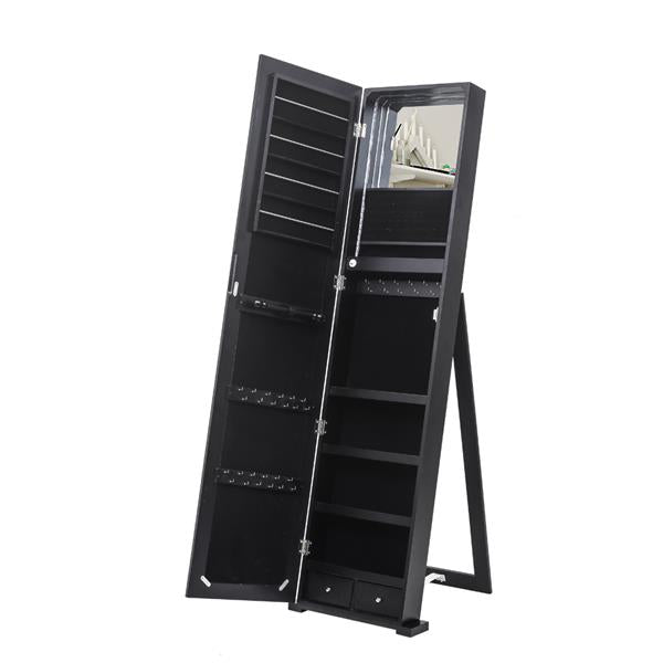 HAOYYE Jewelry Storage Cabinet With Blue LED Light, Upright Jewelry Organizer Cabinet Featuring Full-Length Mirror, Multiple Compartments For Necklaces, Rings, Earrings, Bracelets, Durable Black Finish For Home Use