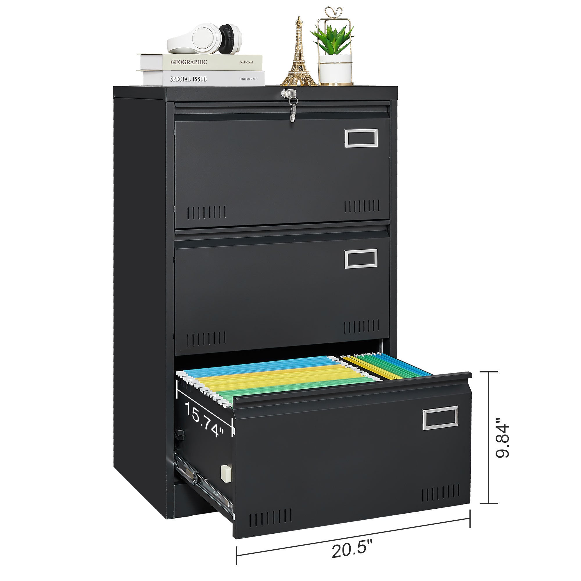 HAOYYE Lateral File Cabinet with 3 Locking Drawers, Sturdy Metal Filing Cabinet for Home Office, Legal, Letter, A4, F4 Paper, Heavy Duty Space-Saving Design for Secure Document Storage