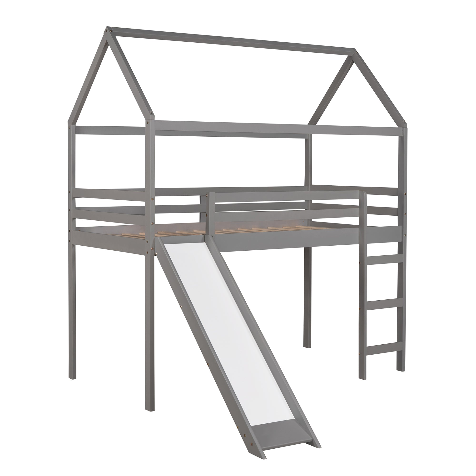 HAOYYE Twin Loft Bed with Slide, House Bed with Slide,Gray(OLD SKU :WF286245AAE) Sturdy Space-Saving Heavy Duty Modern Design Adults Dorm Room Easy Assembly Bedroom Furniture