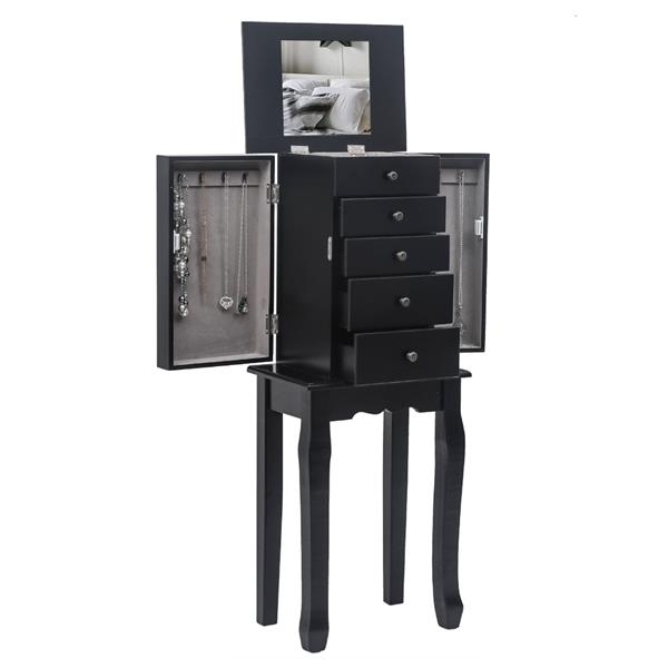 HAOYYE Standing Jewelry Armoire with Mirror, 5 Drawers and 6 Necklace Hooks, Tall Jewelry Cabinet Chest with Top Organizer and 2 Side Swing Doors