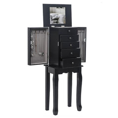 HAOYYE Standing Jewelry Armoire with Mirror, 5 Drawers and 6 Necklace Hooks, Tall Jewelry Cabinet Chest with Top Organizer and 2 Side Swing Doors