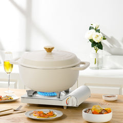 HAOYYE Cast Iron 6QT Cooking Pot Ceramic White Enamel Coating with Two Silicone Gloves Heavy Duty Durable Dutch Oven for Stovetop Oven and Outdoor Cooking Perfect for Stews Soups Casseroles and Everyday Meals