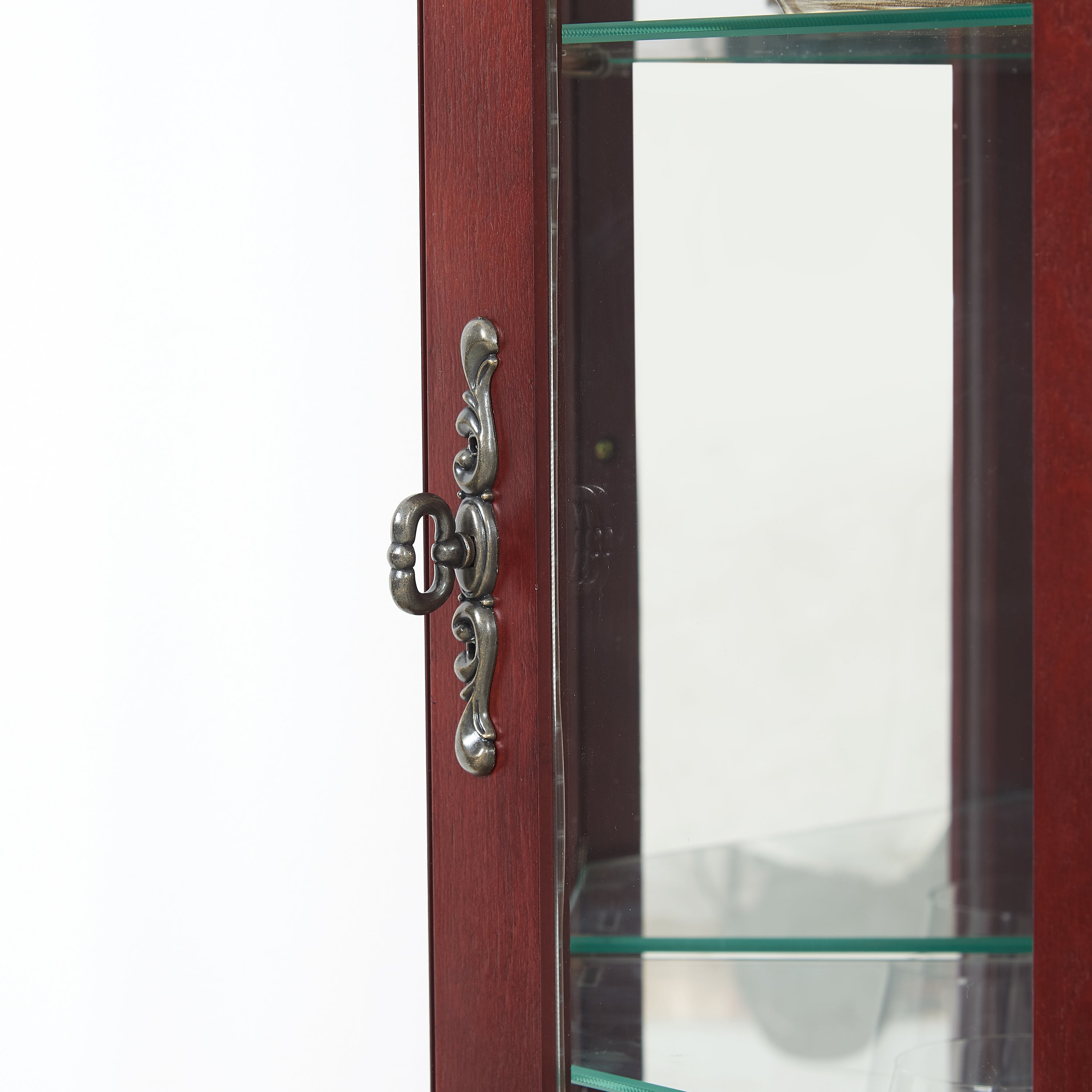 HAOYYE Corner Curio Cabinet with Built-In Lights, Adjustable Tempered Glass Shelves, Mirrored Back Panel, Modern Display Cabinet, Cherry Finish, Sturdy and Space-Saving Design, Ideal for Living Room or Dining Room