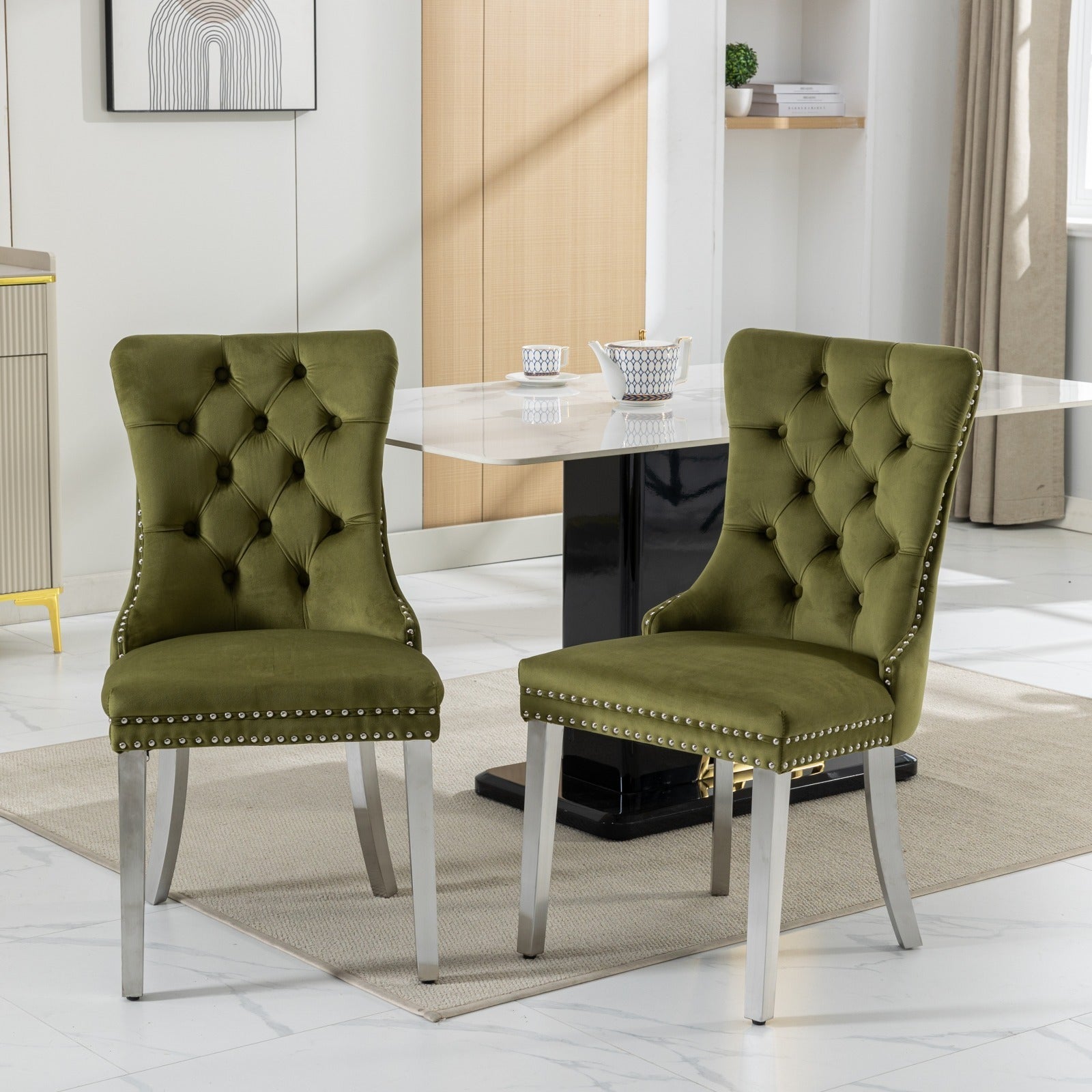 HAOYYE High-end Tufted Solid Wood Contemporary Velvet Upholstered Dining Chair with Chrome Stainless Steel Plating Legs,Nailhead Trim,Set of 2,Olive-Green and Chrome, SW1701OL Sturdy