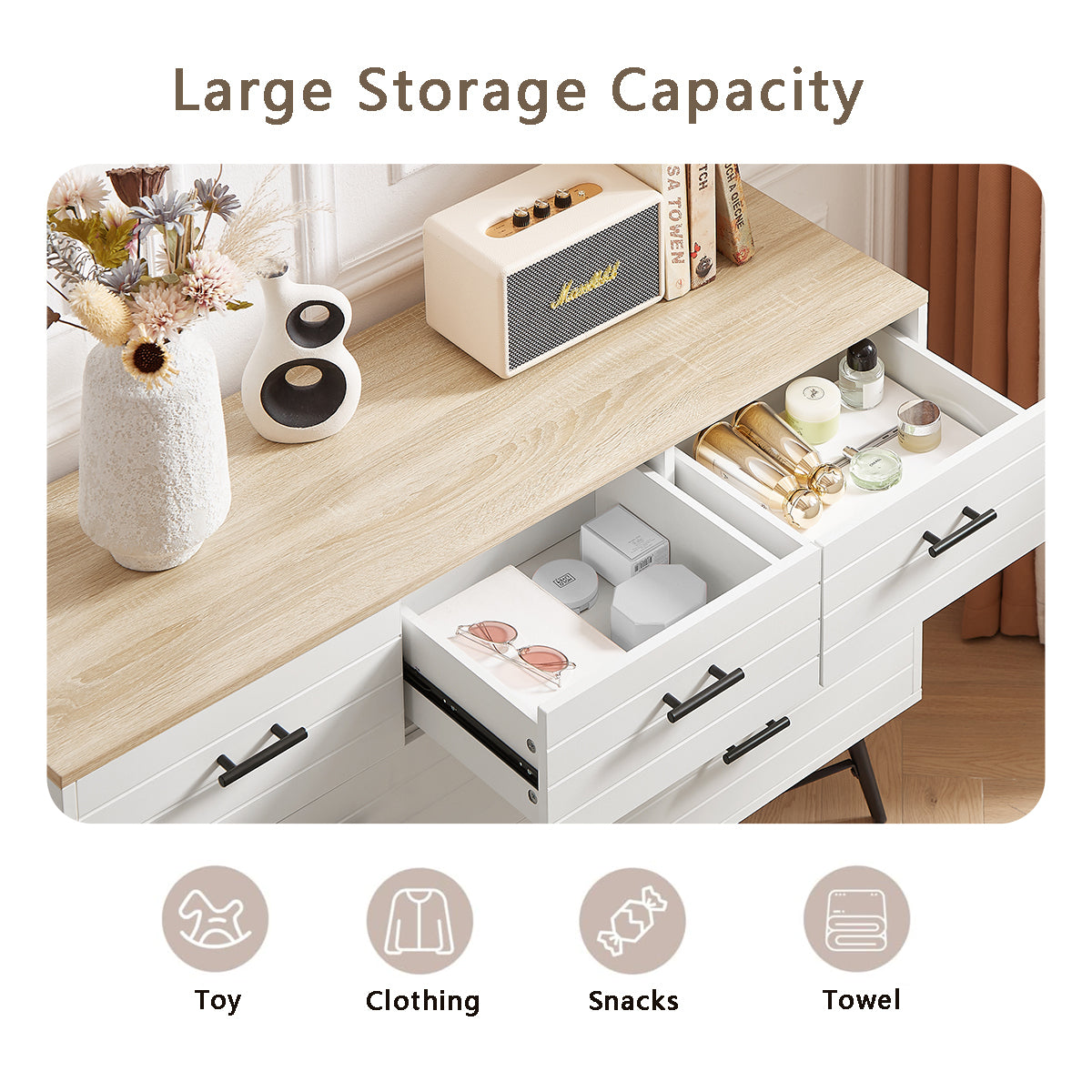 HAOYYE 7-Drawer Dresser for Bedroom with Deep Drawers, Modern White Wood Chest of Drawers, Long Storage Dresser for Closet and Living Room, White & Oak, Sturdy Space-Saving Design, Ideal for Organizing Clothes and Essentials