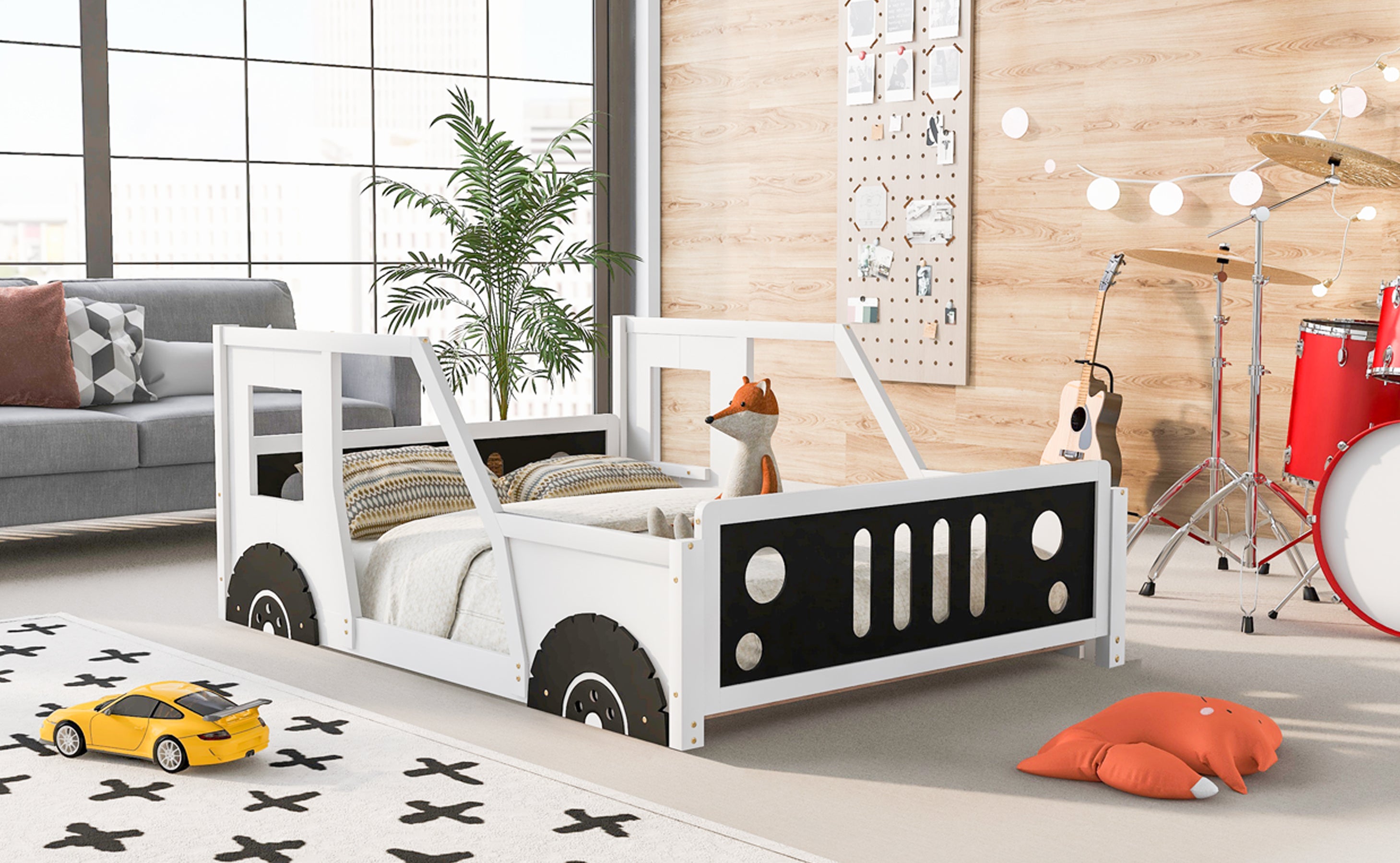 HAOYYE Full Size Classic Car-Shaped Platform Bed with Wheels,White Sturdy Space-Saving Heavy Duty Modern Design Adults Dorm Room Easy Assembly Bedroom Furniture