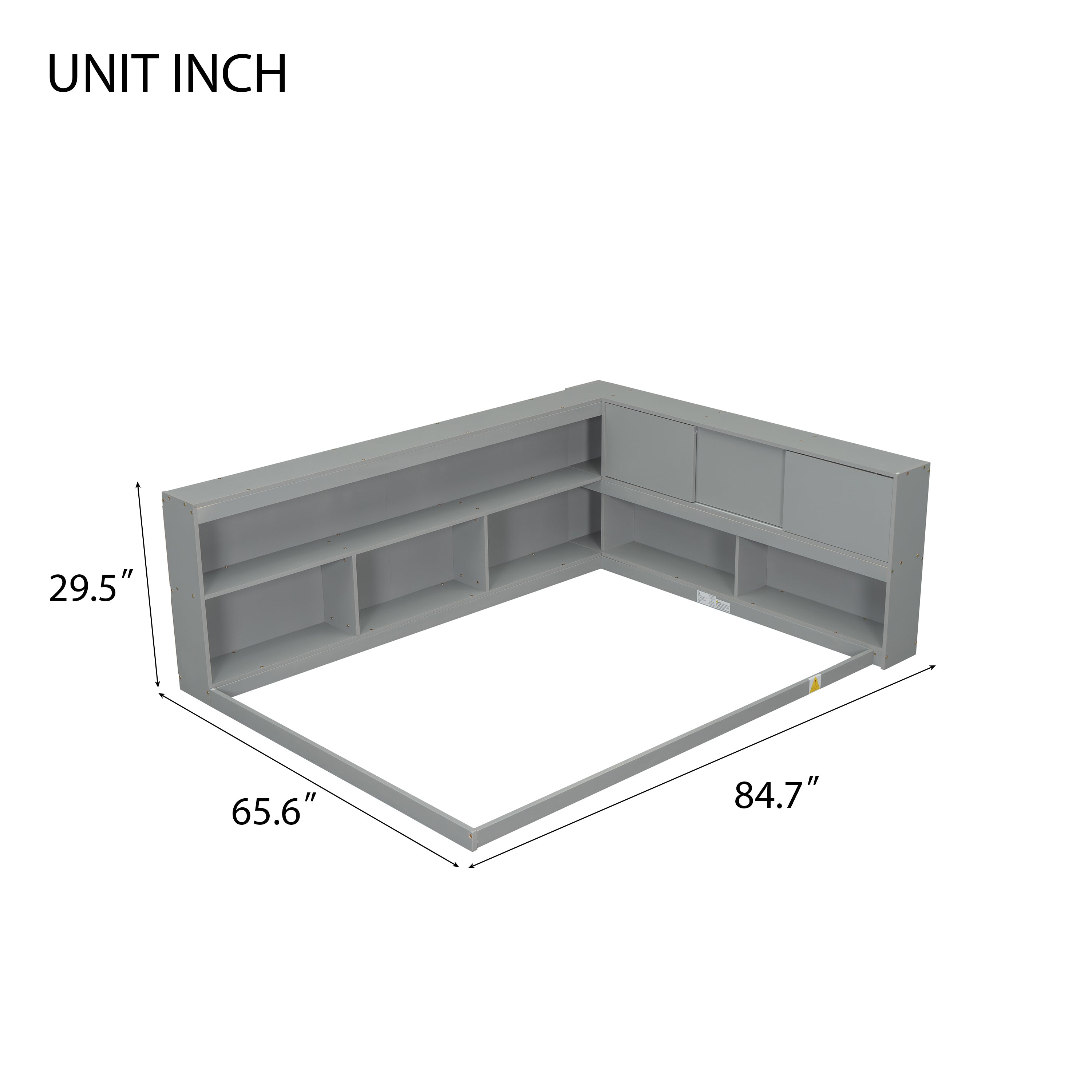 HAOYYE Full Floor Bed with L-shaped Bookcases, sliding doors,without slats,Grey Sturdy Space-Saving Heavy Duty Modern Design Easy Assembly Durable Stylish Home Furniture Versatile