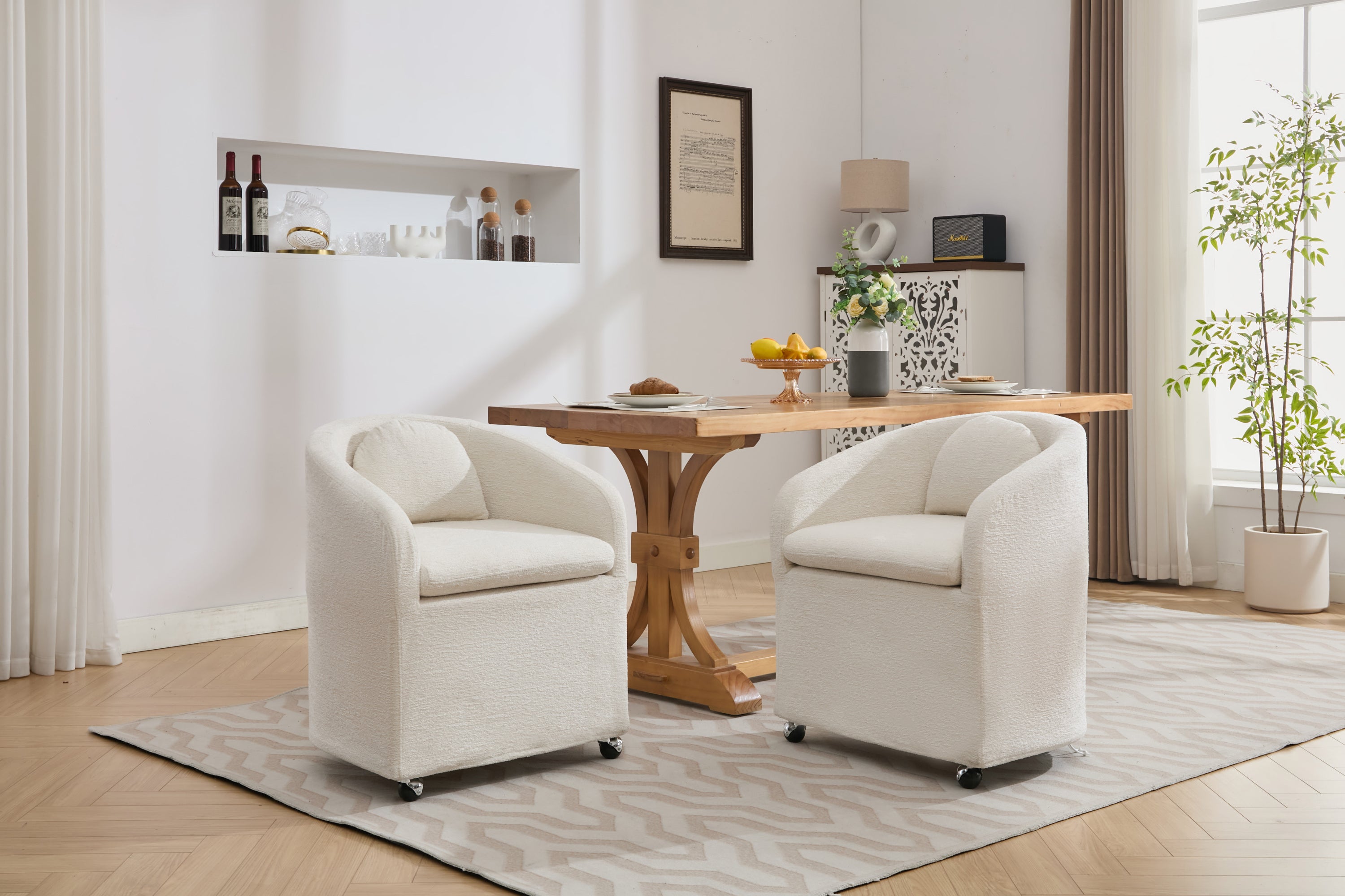 HAOYYE 059-Set of 1 Chenille Fabric Dining Armchair With Back Cushion and Universal Wheels,Beige Sturdy Space-Saving Heavy Duty Modern Design Adults Dorm Room Easy Assembly Bedroom Furniture