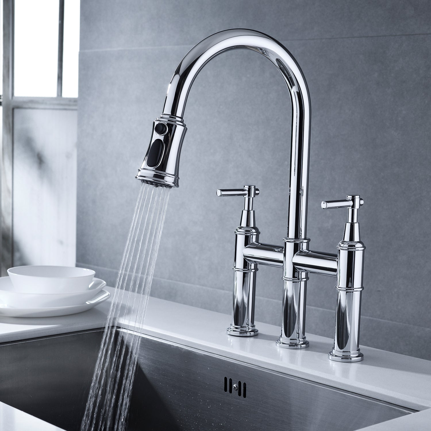 HAOYYE Bridge Kitchen Faucet with Pull-Down Sprayhead in Spot Sturdy Space-Saving Heavy Duty Modern Design Adults Dorm Room Easy Assembly Bedroom Furniture