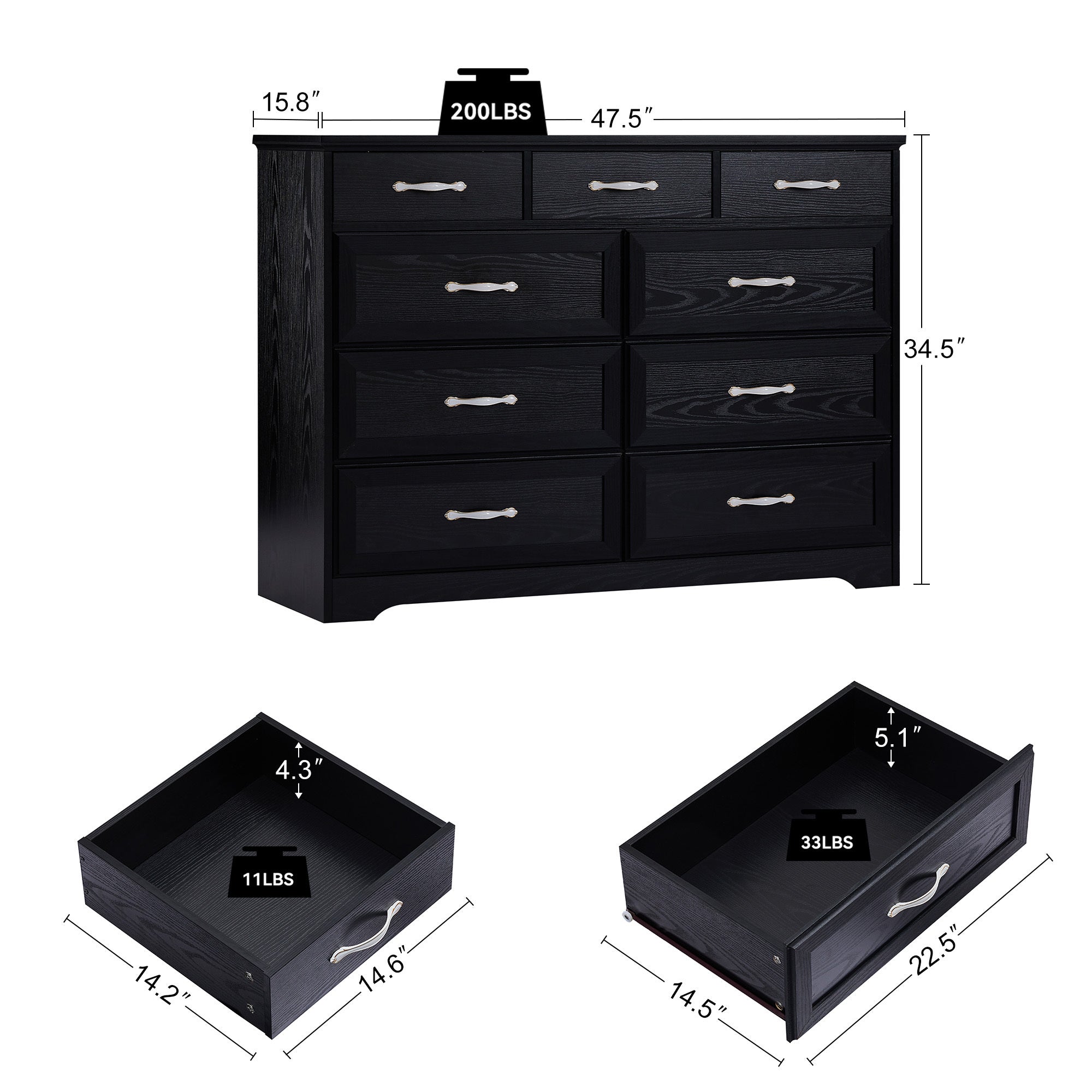HAOYYE 9-Drawer Bedroom Dresser With Antique Handles, Wood Chest Of Drawers For Living Room, Entryway, Or Hallway, Black, Sturdy Space-Saving Heavy Duty Design