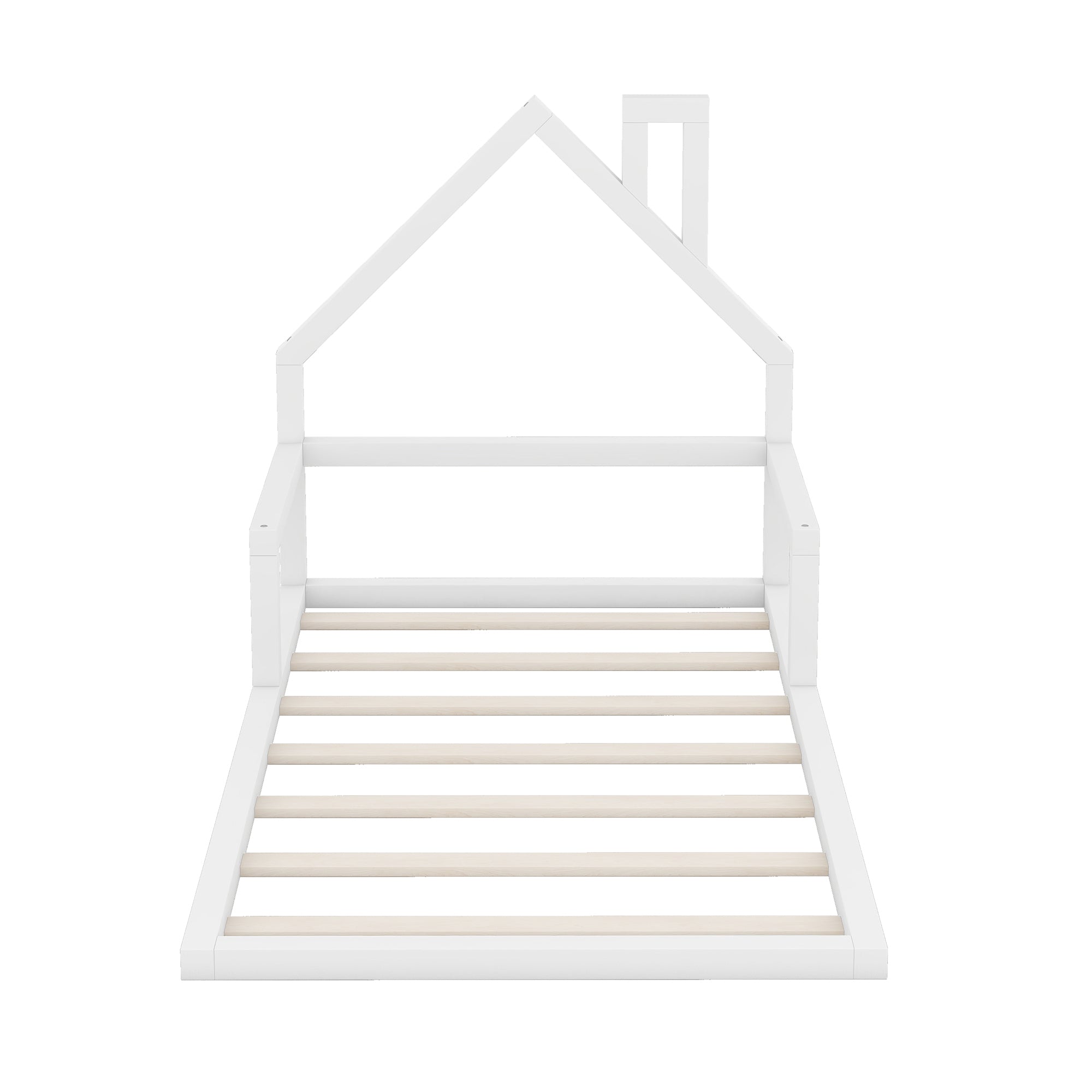 HAOYYE Twin Size Wood Floor Bed with House-shaped Headboard, White Sturdy Space-Saving Heavy Duty Modern Design Adults Dorm Room Easy Assembly Bedroom Furniture