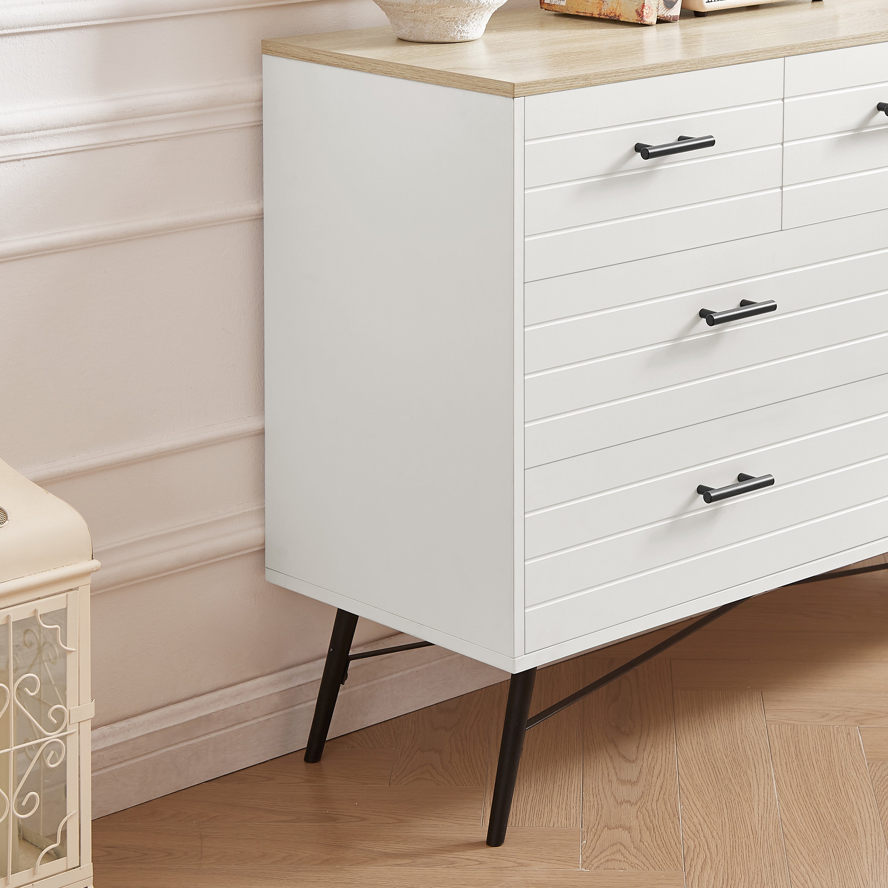 HAOYYE 7-Drawer Dresser for Bedroom with Deep Drawers, Modern White Wood Chest of Drawers, Long Storage Dresser for Closet and Living Room, White & Oak, Sturdy Space-Saving Design, Ideal for Organizing Clothes and Essentials