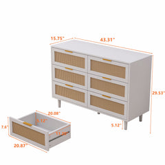 HAOYYE 6-Drawer Rattan Storage Cabinet with White Finish, Stylish and Functional Organizer for Bedroom, Living Room, or Hallway, Elegant Rattan Drawer Design, Space-Saving
