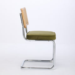 HAOYYE Mid Century Modern Dining Chairs Set of 2, Velvet Accent Chairs with Natural Cane Back & Stainless Chrome Base, Famous Breuer Designed Chairs, Upholstered Rattan Kitchen Chairs,Olive-Green Sturdy
