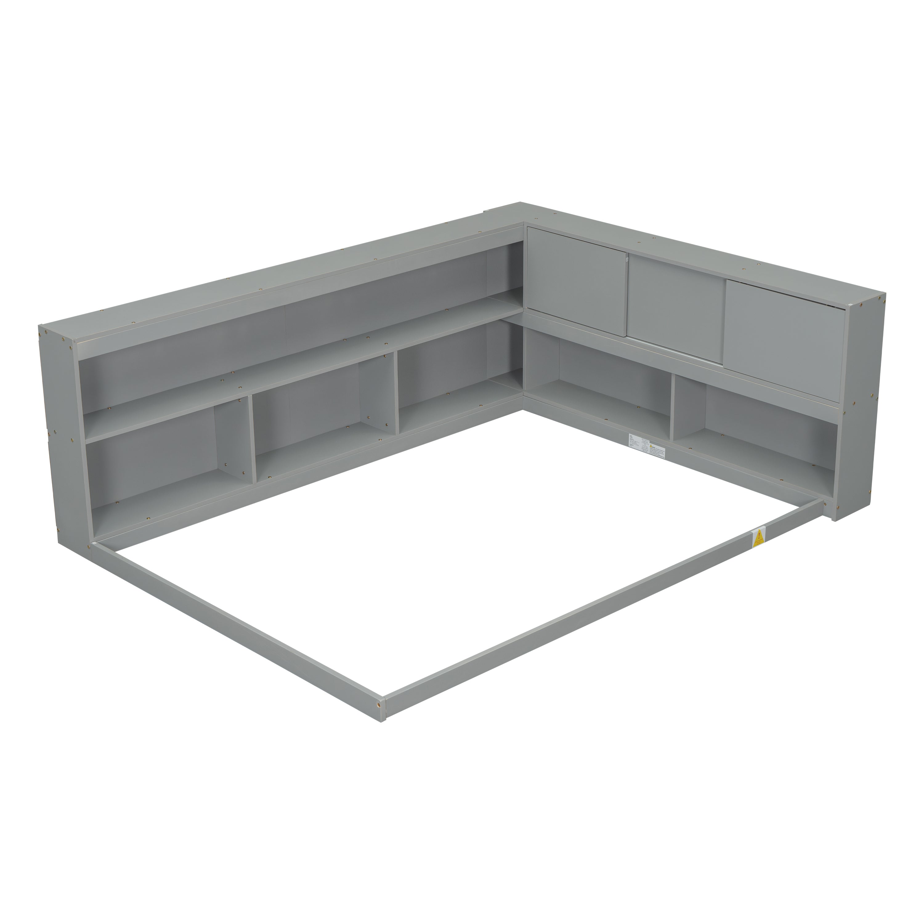 HAOYYE Full Floor Bed with L-shaped Bookcases, sliding doors,without slats,Grey Sturdy Space-Saving Heavy Duty Modern Design Easy Assembly Durable Stylish Home Furniture Versatile