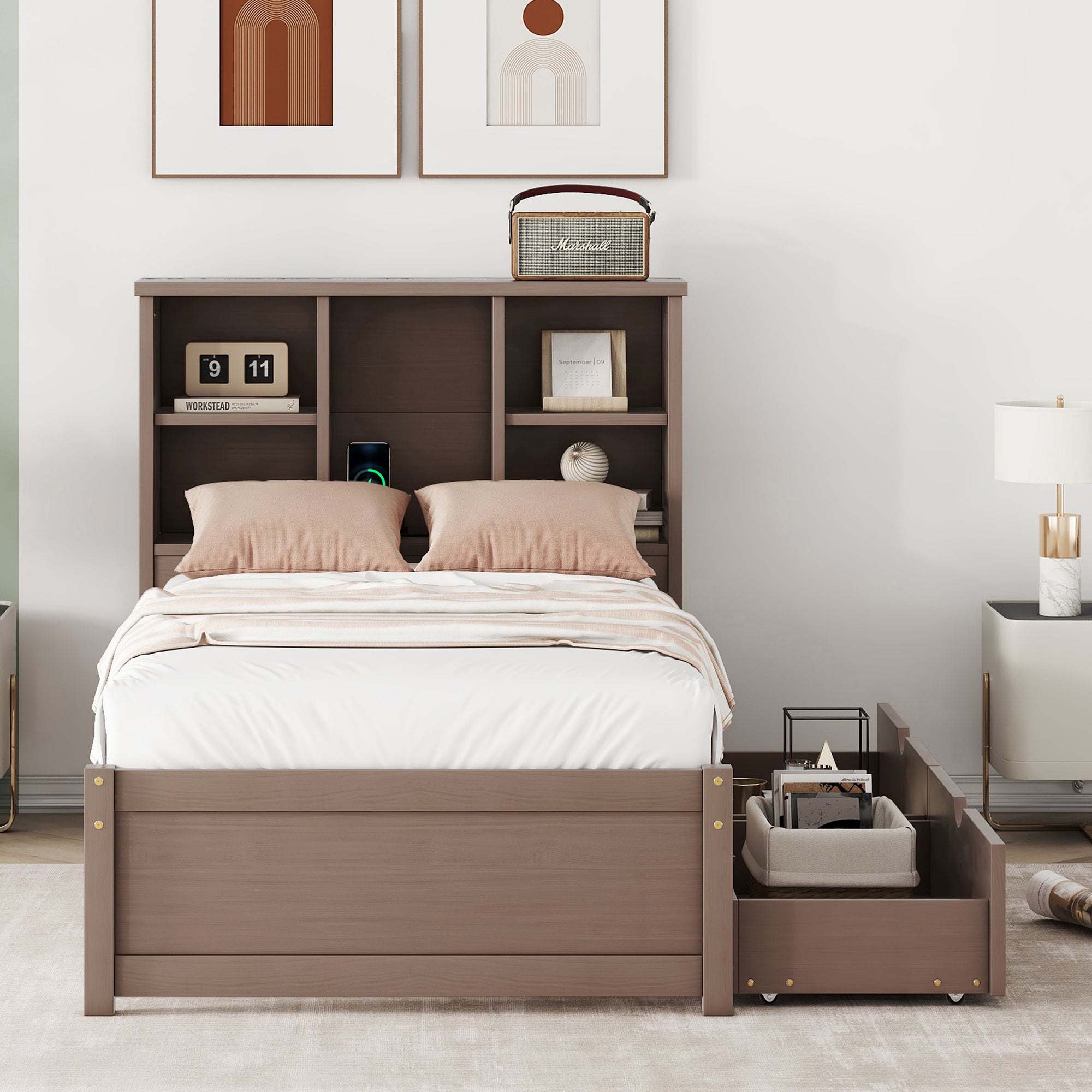 HAOYYE Twin Bed Frame with USB Port, Bookcase Headboard and Storage Drawers, Walnut Finish, Sturdy Space-Saving Design, Heavy Duty, Easy Assembly, Ideal for Bedroom and Dorm Room