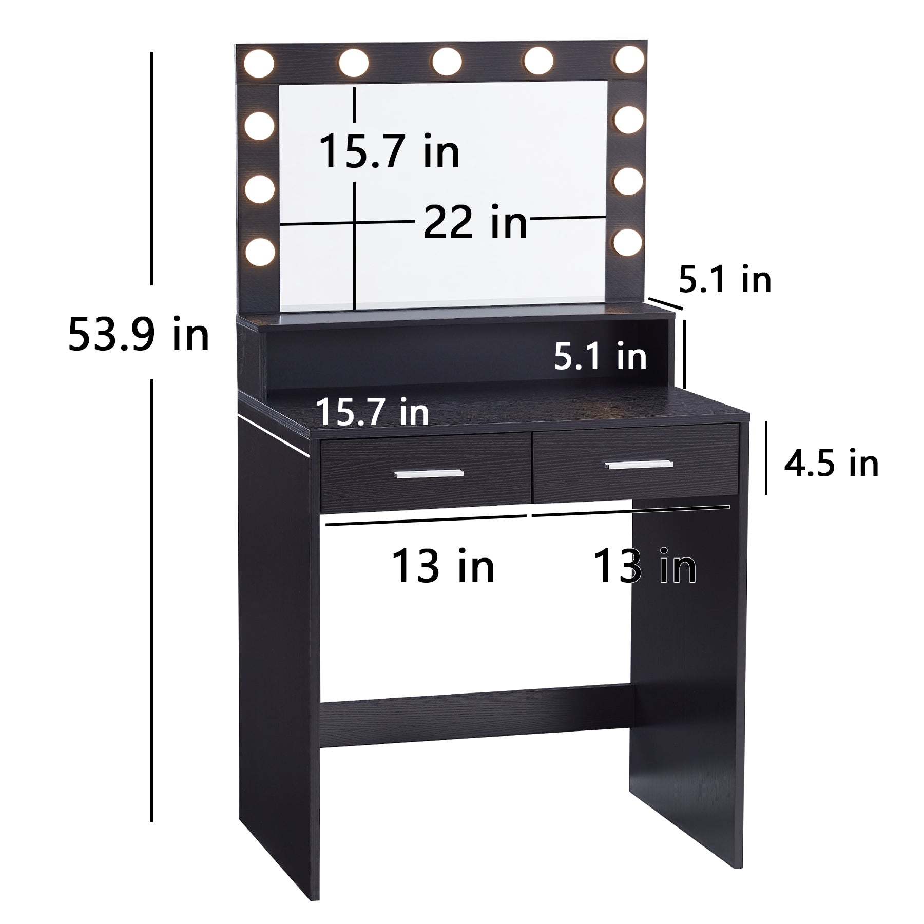HAOYYE Vanity Desk with Mirror and Lights, Dressing Table with Large Drawer, Two-Level Storage Dresser, and Adjustable Brightness with Three Lighting Modes, Black, Sturdy Space-Saving Design, Heavy Duty Construction, Stylish and Durable Home Furniture