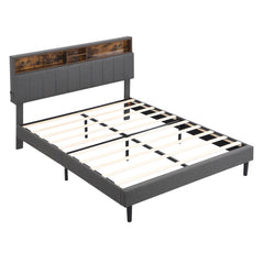 HAOYYE Queen Size Upholstered Platform Bed with Storage Headboard and USB Port, Linen Fabric Upholstered Bed (Gray) Sturdy Space-Saving Heavy Duty Modern Design Adults Dorm Room Easy Assembly