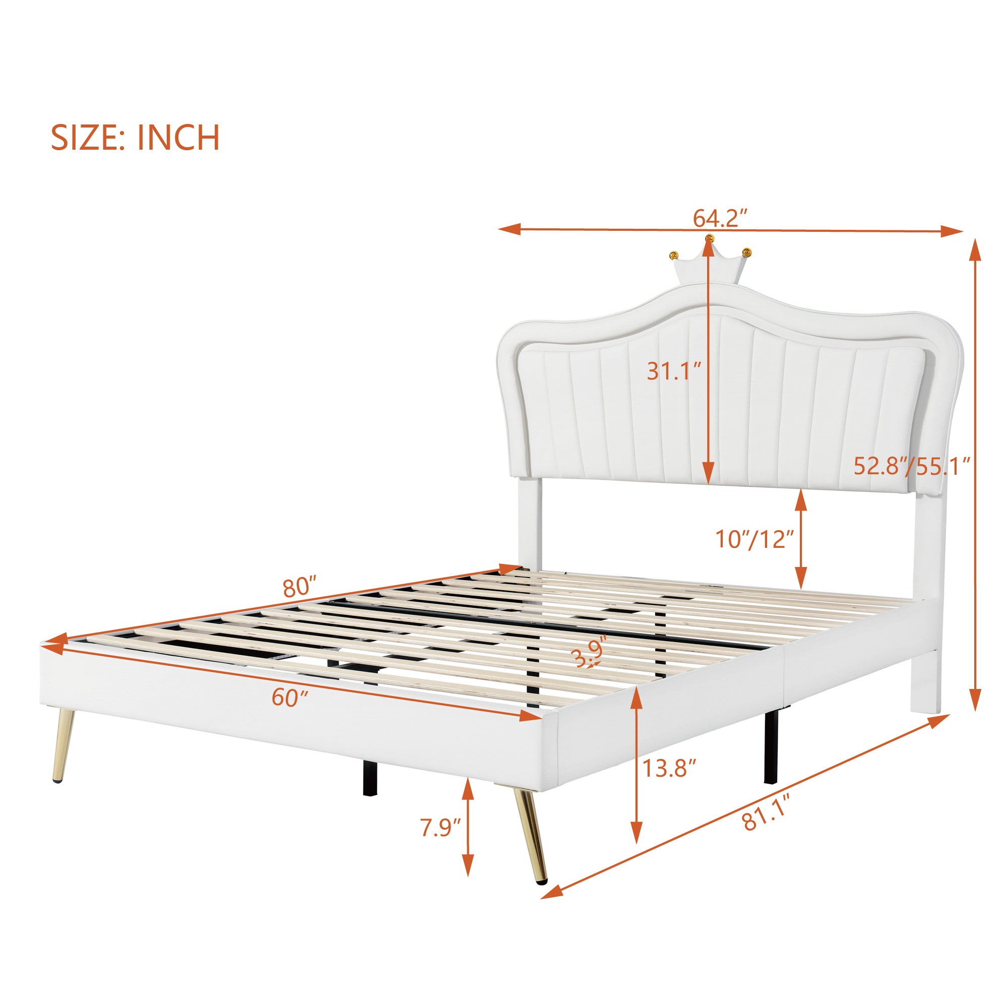 HAOYYE Queen Size Upholstered Bed Frame with LED Lights,Modern Upholstered Princess Bed With Crown Headboard,White Sturdy Space-Saving Heavy Duty Modern Design Adults Dorm Room Easy Assembly