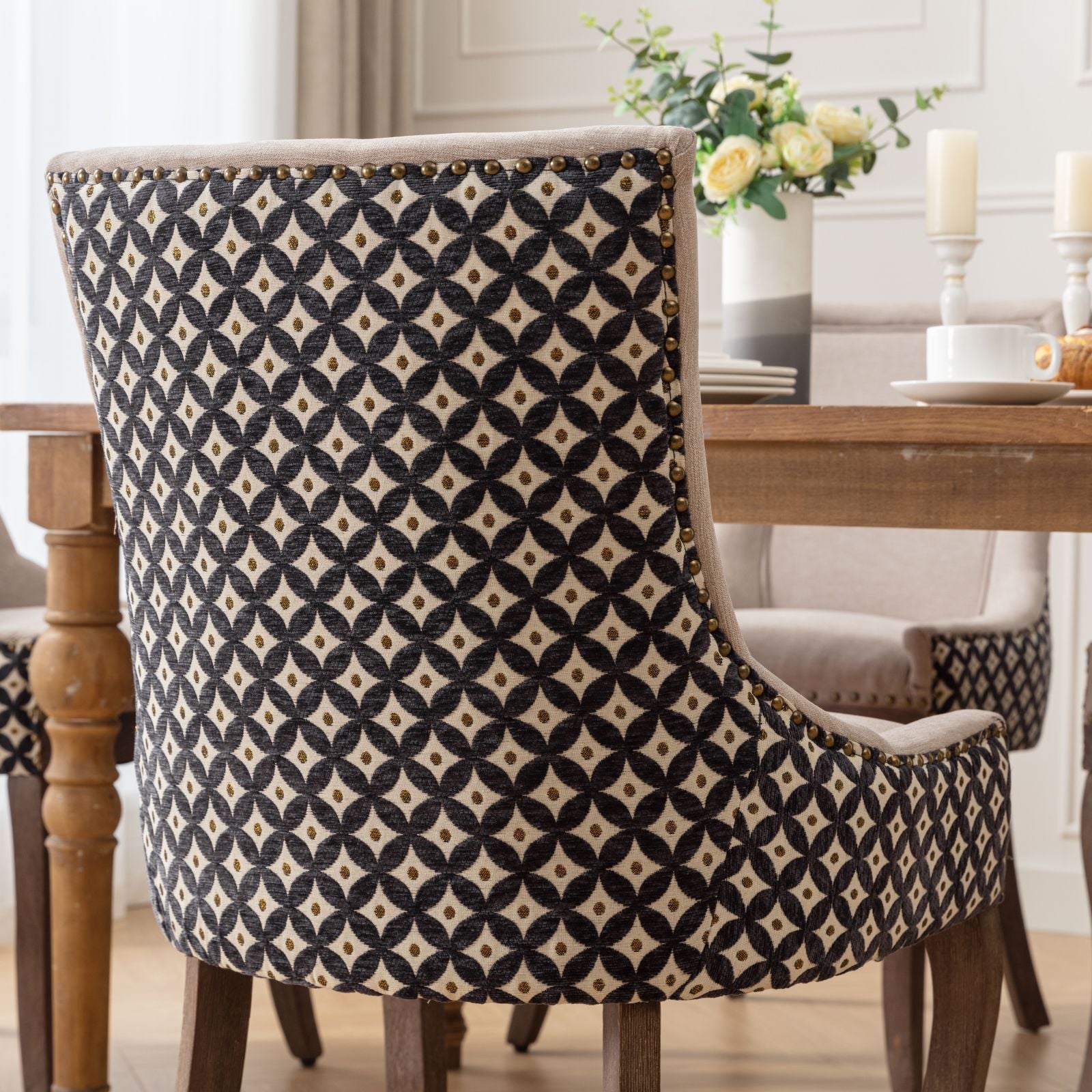 HAOYYE Ultra Side Dining Chair, Thickened fabric chairs with neutrally toned solid wood legs, Bronze nail head, Set of 2, Beige and Patterned,SW2207BG Sturdy Space-Saving Heavy Duty