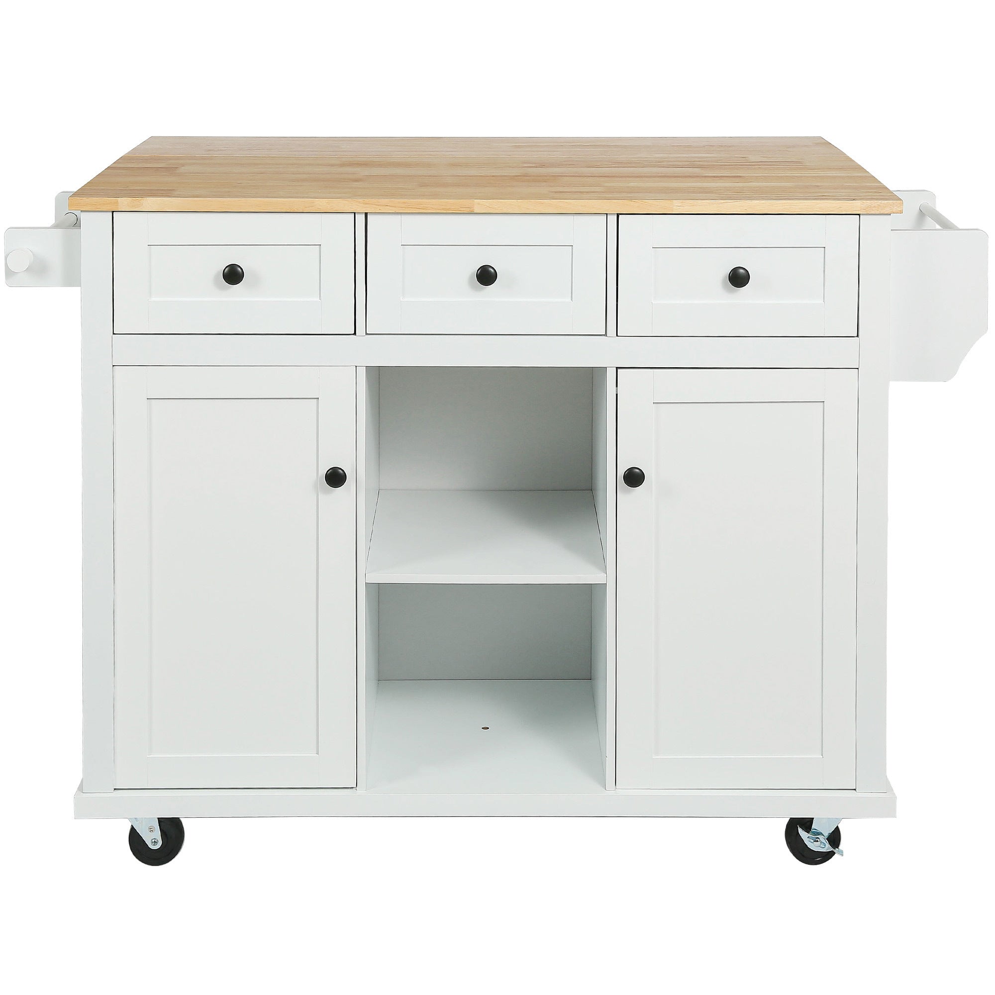 HAOYYE Kitchen Cart with Rubber wood Drop-Leaf Countertop ,Cabinet door internal storage racks,Kitchen Island on 5 Wheels with Storage Cabinet and 3 Drawers for Dinning Room,White Sturdy Space-Saving Durable