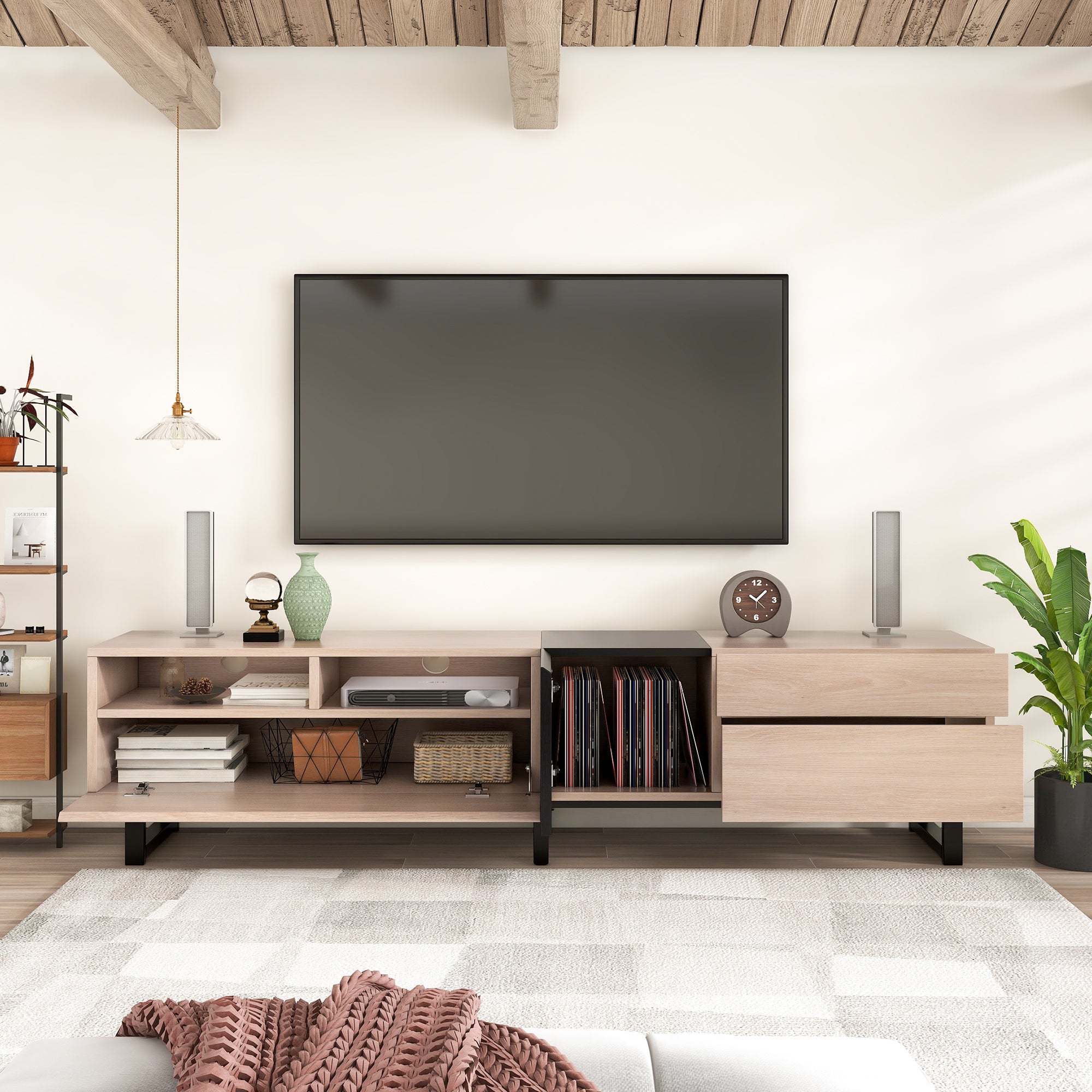 HAOYYE Modern TV Stand For 80 Inch TV With Double Storage Space And Drop Down Door, Media Console Table And Entertainment Center For Living Room, Bedroom And Home Theatre, Featuring Sturdy Space Saving Heavy Duty Construction And Sleek Contemporary Design