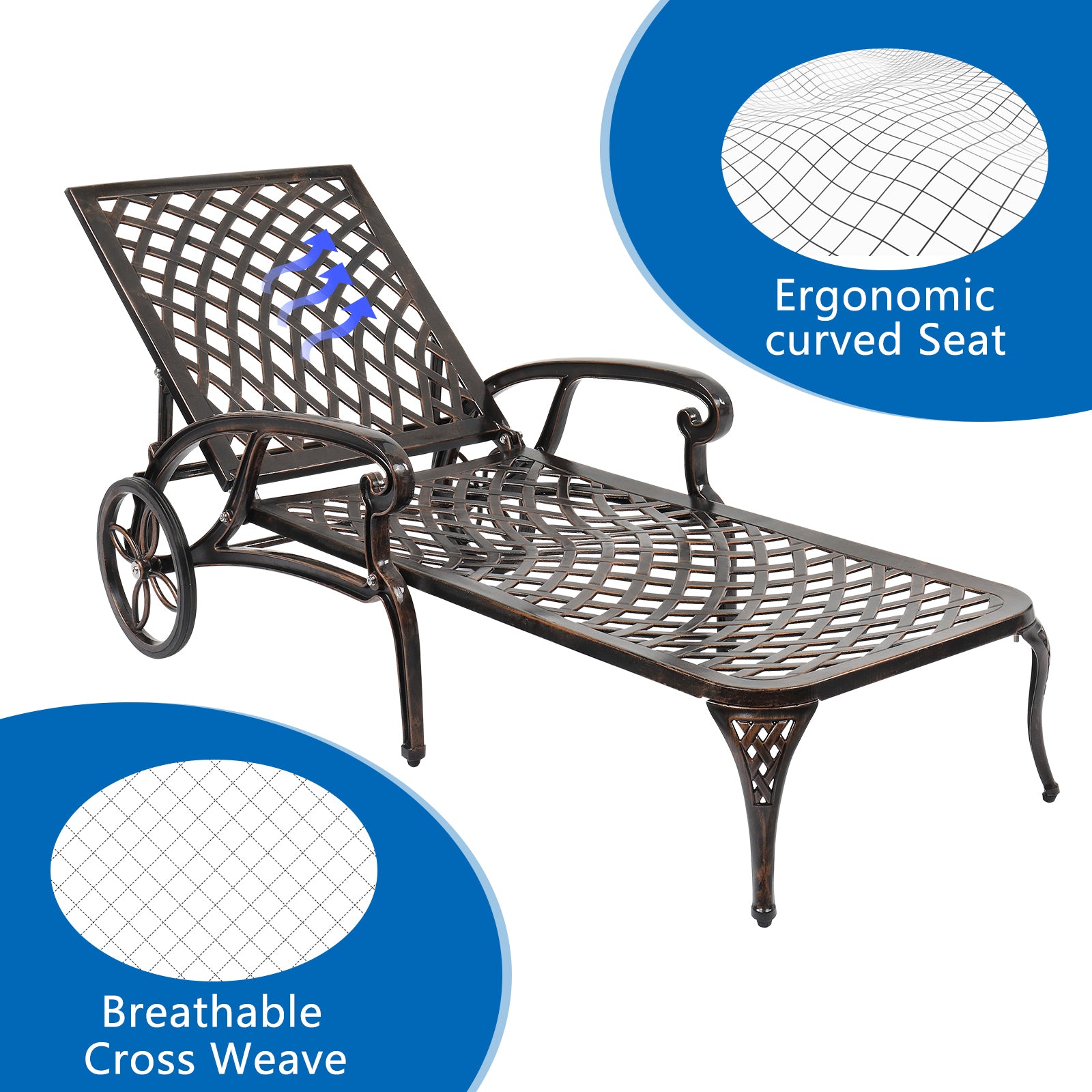 HAOYYE Adjustable Backrest Courtyard Cast Aluminum Lying Bed, Black, Sturdy Outdoor Lounge Chair for Relaxing, Perfect for Garden, Patio, or Backyard, Comfortable and Durable Design, Easy to Adjust for Ultimate Comfort
