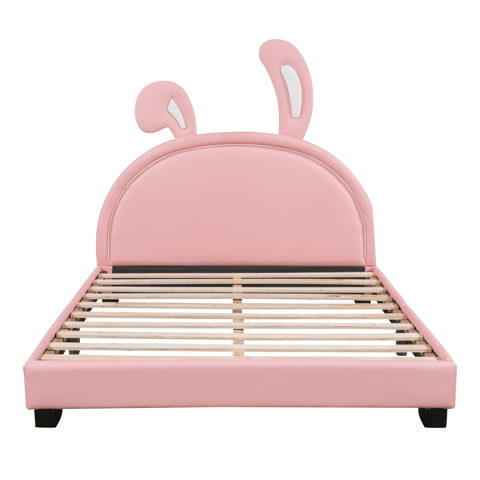 HAOYYE Full Size Upholstered Leather Platform Bed with Rabbit Ornament, Pink Sturdy Space-Saving Heavy Duty Modern Design Adults Dorm Room Easy Assembly Bedroom Furniture