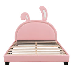 HAOYYE Full Size Upholstered Leather Platform Bed with Rabbit Ornament, Pink Sturdy Space-Saving Heavy Duty Modern Design Adults Dorm Room Easy Assembly Bedroom Furniture