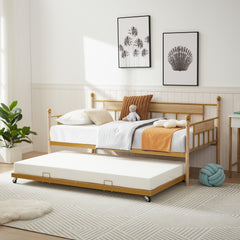 HAOYYE  Sofa Bed with Metal Frame and Removable Trundle for Twin Adults in Golden Finish Offering A Durable and Compact Design Ideal for Dorm Room Bedroom and Living Room Furniture with Easy Assembly and Contemporary Style
