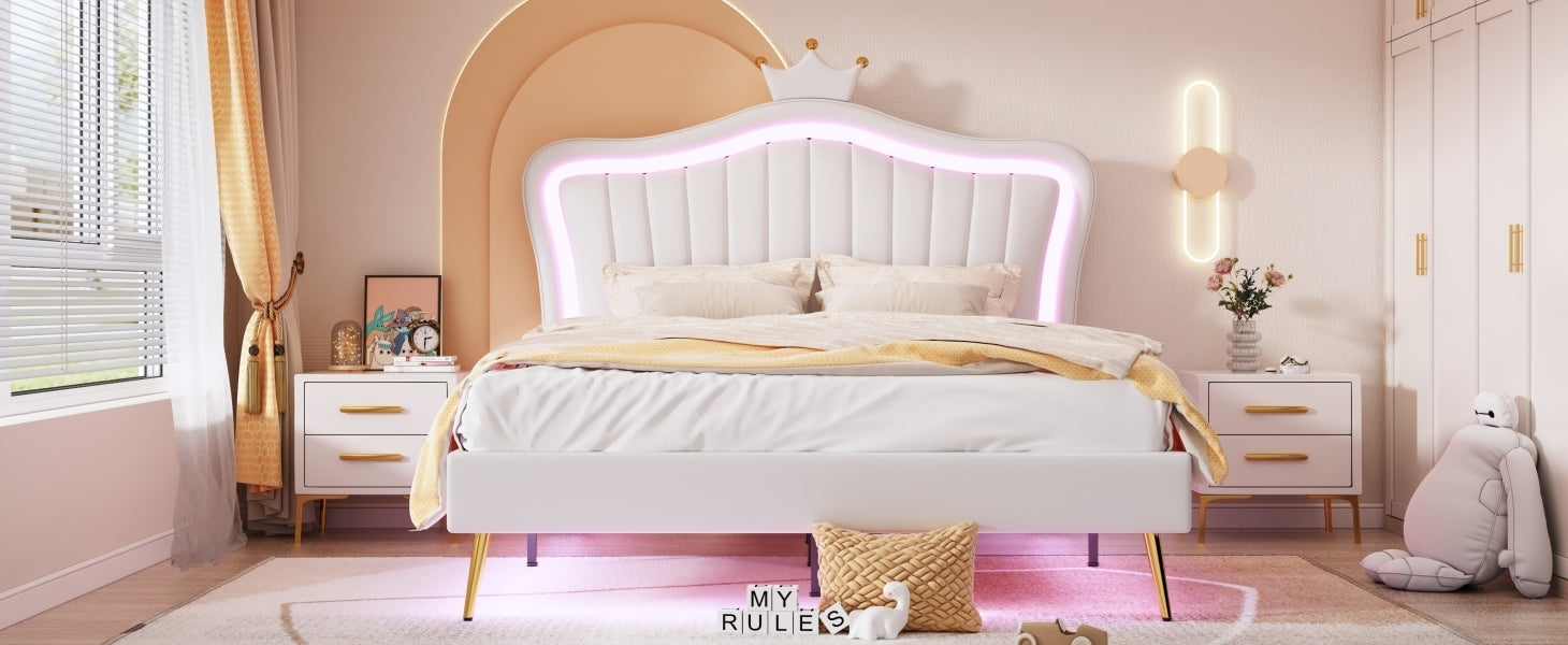 HAOYYE Queen Size Upholstered Bed Frame with LED Lights,Modern Upholstered Princess Bed With Crown Headboard,White Sturdy Space-Saving Heavy Duty Modern Design Adults Dorm Room Easy Assembly