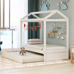 HAOYYE House Bed with Trundle, can be Decorated,White(Old SKU:SM000103AAK) Sturdy Space-Saving Heavy Duty Modern Design Adults Dorm Room Easy Assembly Bedroom Furniture