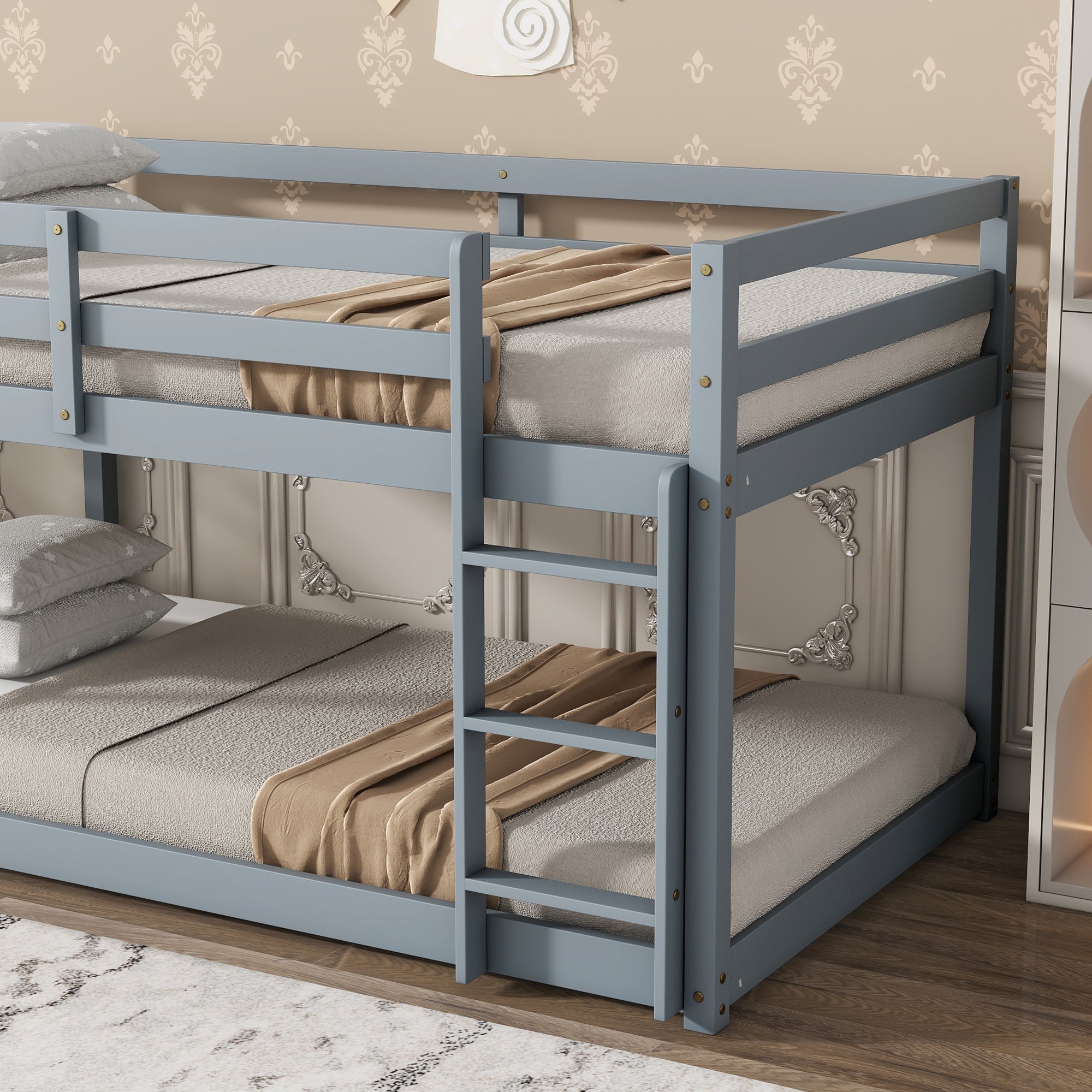 HAOYYE Solid Wooden, Solid Rubber Wooden Twin over Twin Loft Bed with Ladder, with Bed Platform of Strengthened Slats , Grey Sturdy Space-Saving Heavy Duty Modern Design Adults Dorm Room Easy Assembly