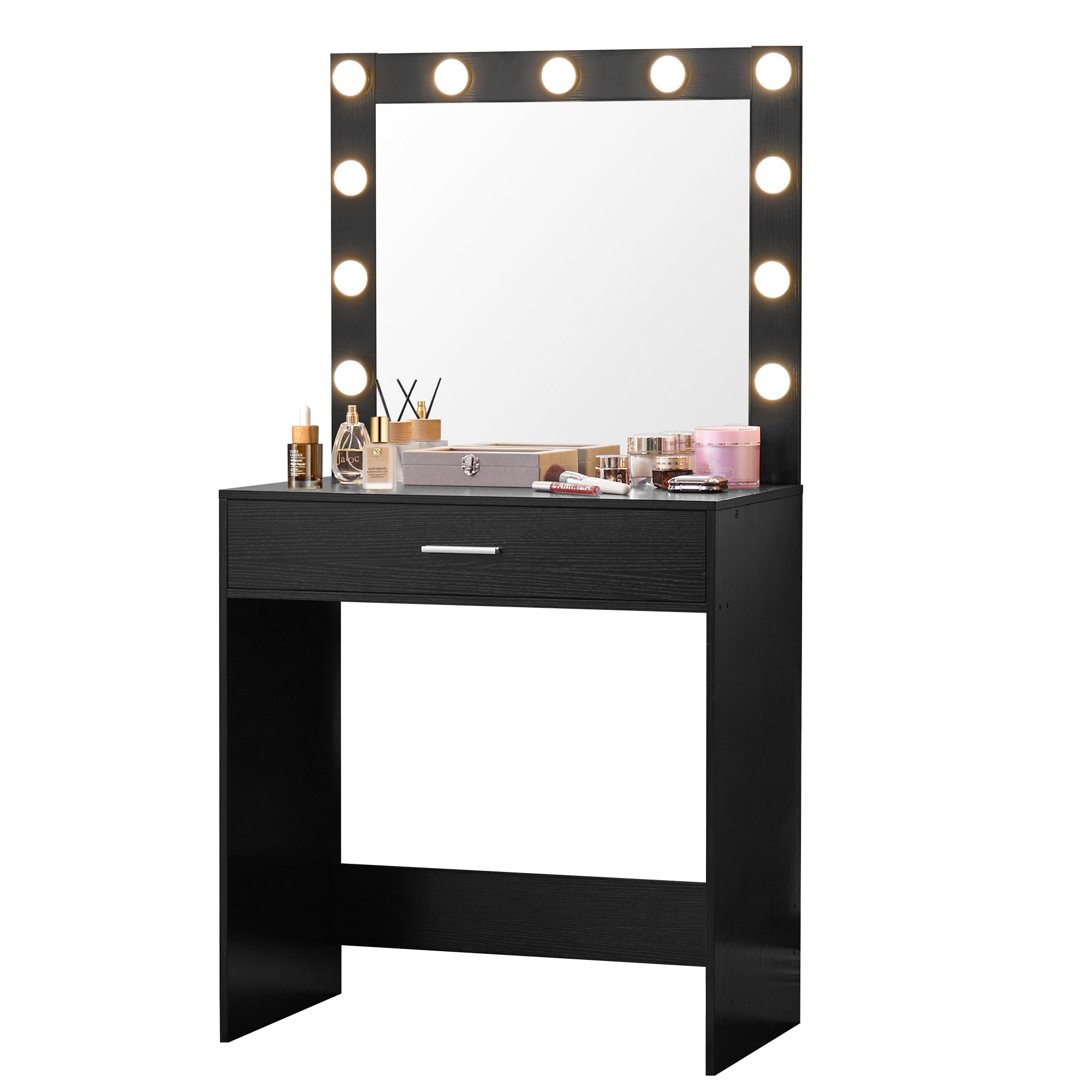 HAOYYE Vanity Desk with Mirror and Lights, Dressing Table with Large Drawer, 1 Level Storage Dresser & 3 Lighting Modes Adjustable Brightness, Suitable for Bedroom(Black)