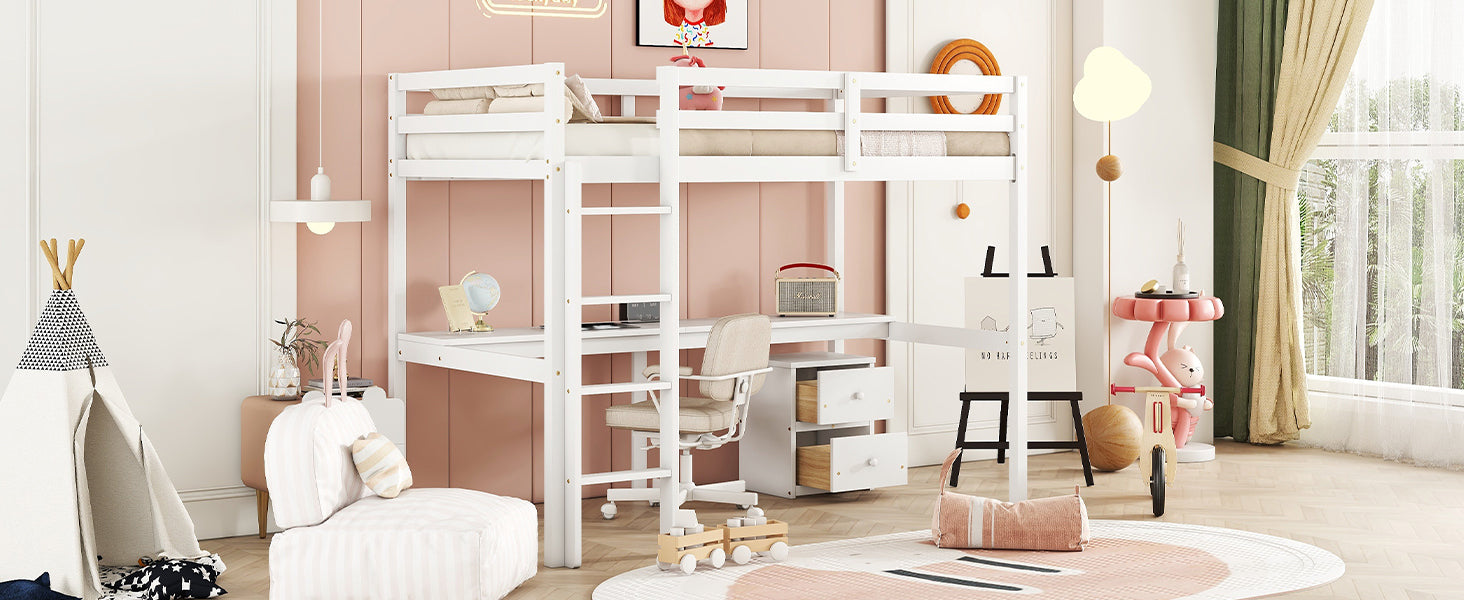 HAOYYE Twin Loft Wood Bed with Under-Bed Built-In Desk and Two-Drawer Storage Cabinet, Guardrails, and Ladder, White Sturdy Space-Saving Design, Heavy Duty Construction, Easy Assembly, Durable Stylish Home Furniture