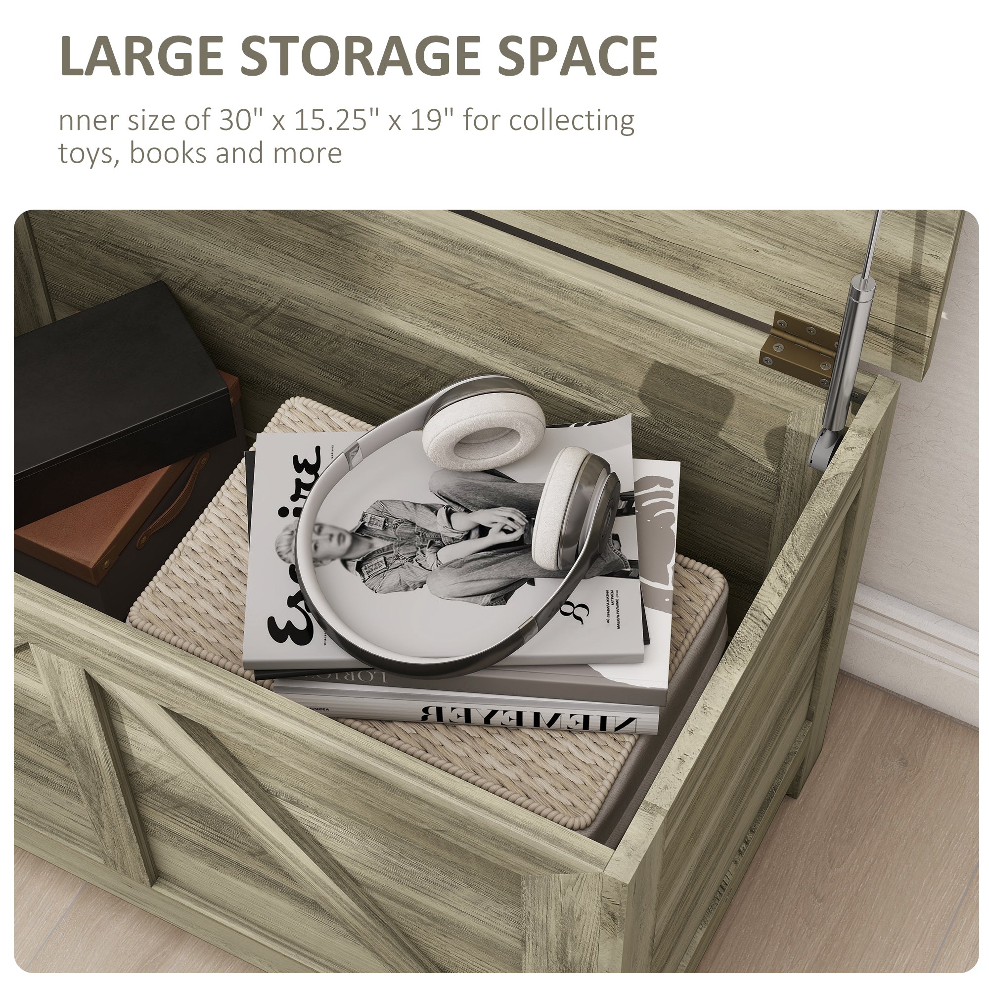 HAOYYE Gray Storage Bench with Flip-Top Lid and Safety Lift Support, Farmhouse Style Wooden Storage Chest for Entryway Bedroom Living Room, Multi-Purpose Organizer Cabinet with Strong Load Capacity and Hidden Compartment
