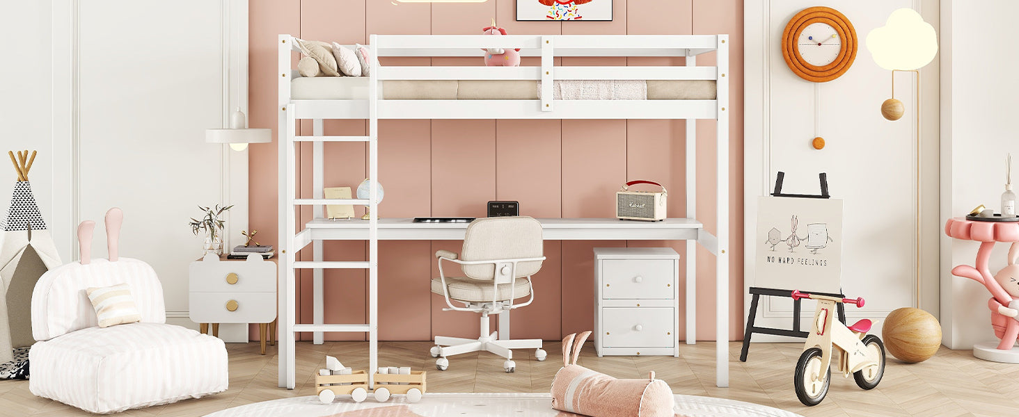 HAOYYE Twin Loft Wood Bed with Under-Bed Built-In Desk and Two-Drawer Storage Cabinet, Guardrails, and Ladder, White Sturdy Space-Saving Design, Heavy Duty Construction, Easy Assembly, Durable Stylish Home Furniture