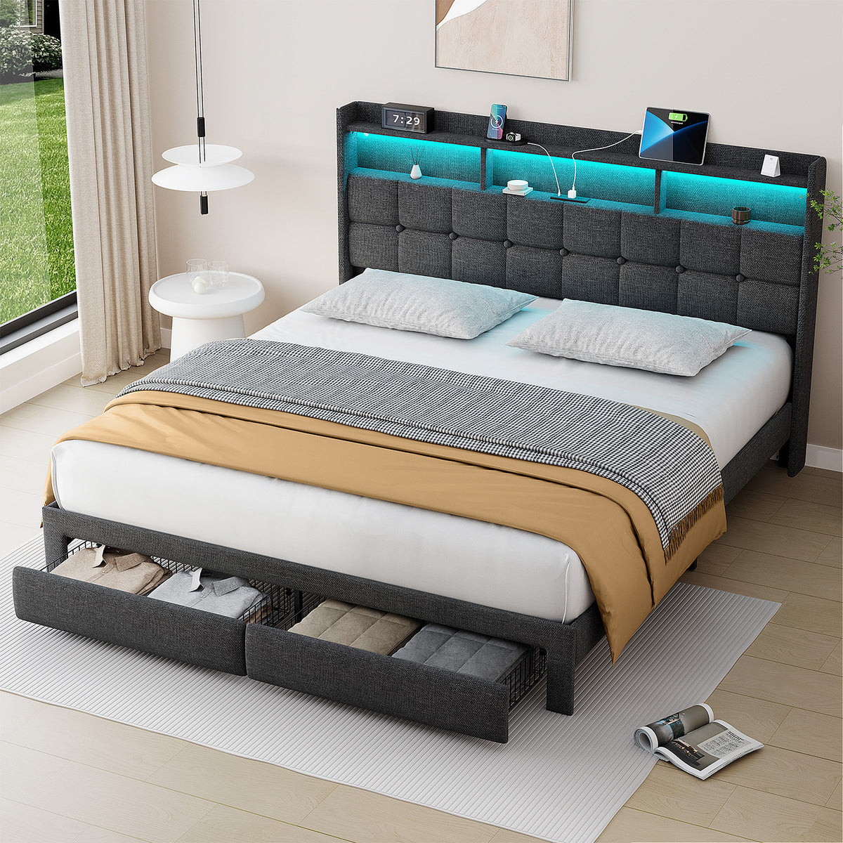 HAOYYE BED 778KING-DG-CLB Sturdy Space-Saving Heavy Duty Modern Design Adults Dorm Room Easy Assembly Bedroom Furniture