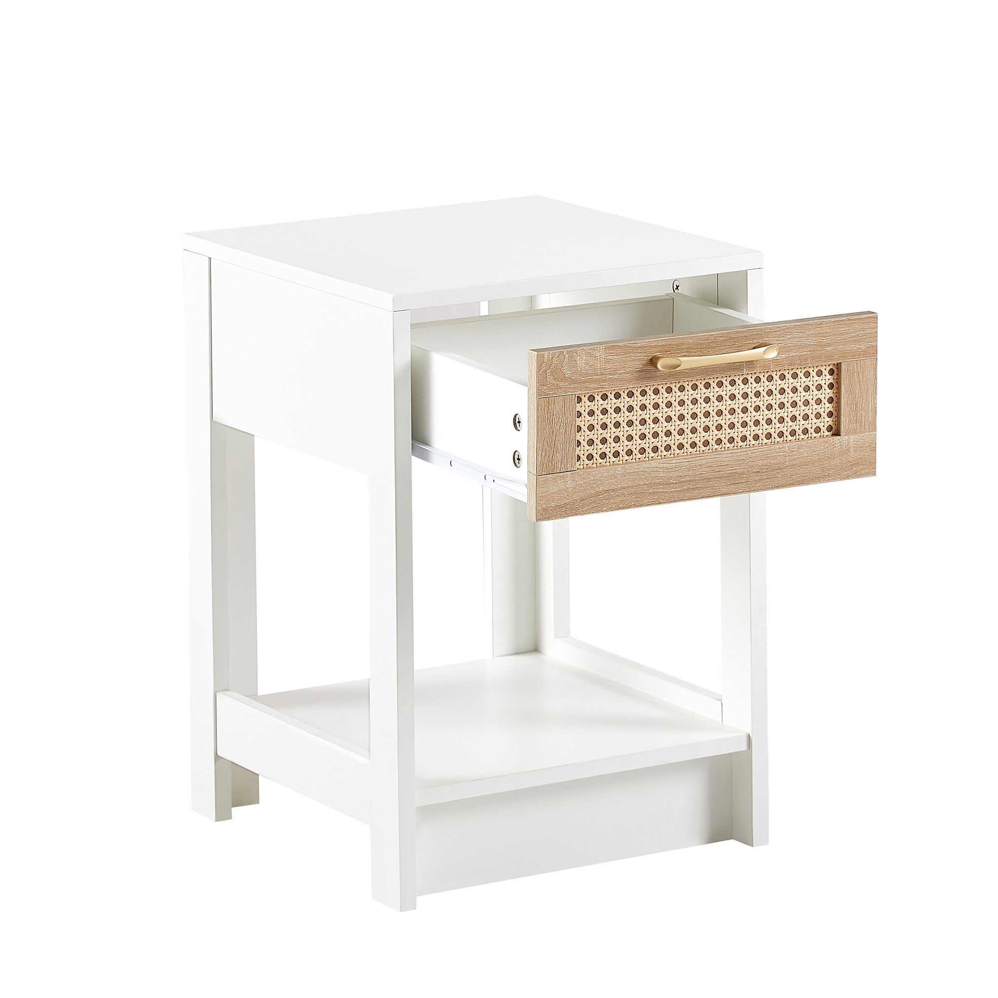 HAOYYE Rattan Side Table with Drawer, Modern White End Table, Sturdy Space-Saving Design, Heavy Duty Construction, Easy Assembly, Stylish and Durable Home Furniture for Living Room or Bedroom