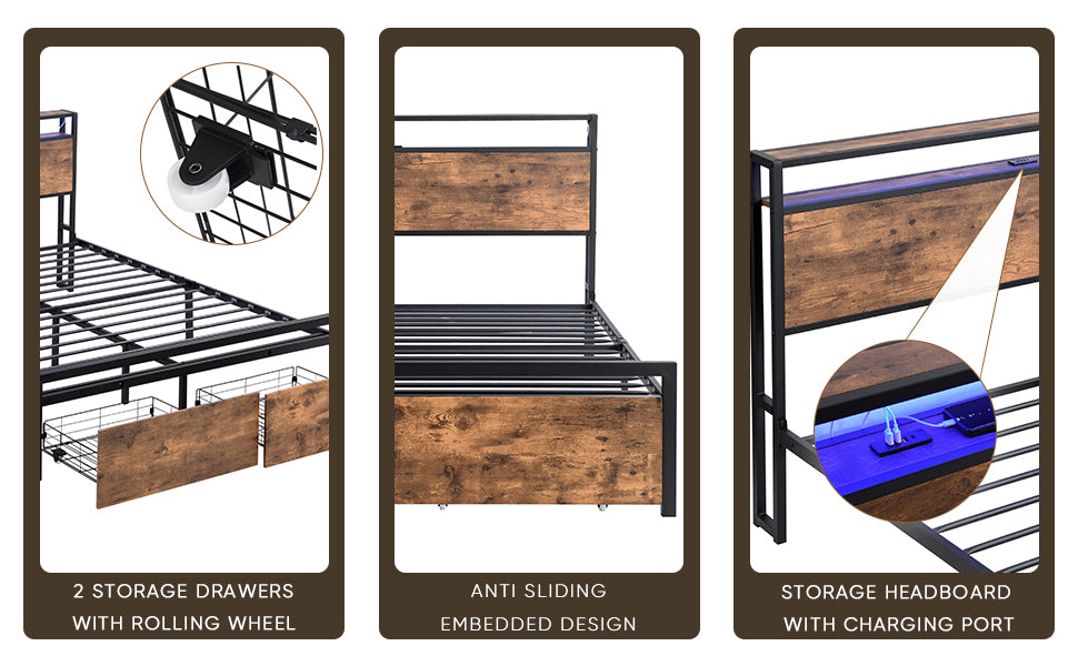 HAOYYE Full Size Bed Frame with Storage Headboard and 2 Drawers, LED Lights Bed with Charging Station, Metal Platform Bed No Noise, Mattress Foundation Strong Metal Slats Support No Box Spring Needed Sturdy