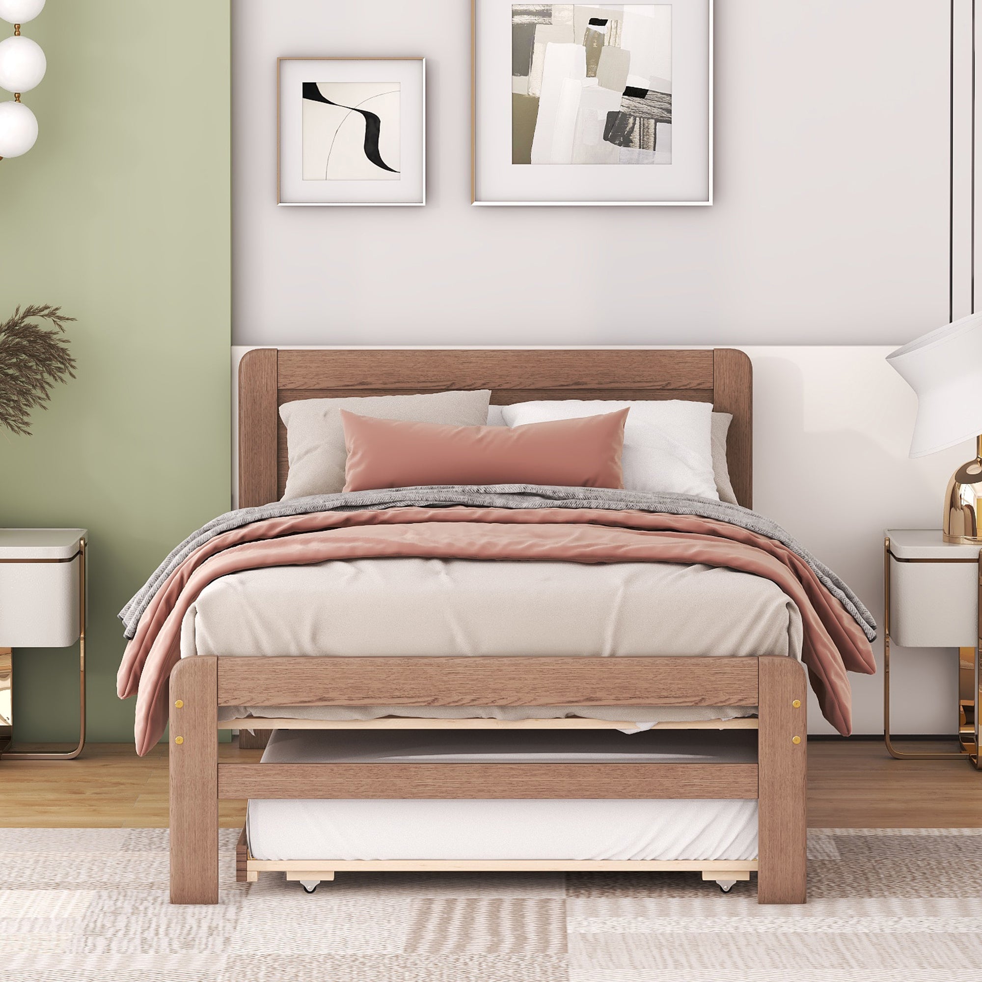 HAOYYE Modern Design Wooden Twin Size Platform Bed Frame with Trundle for Walnut Color Sturdy Space-Saving Heavy Duty Adults Dorm Room Easy Assembly Bedroom Furniture
