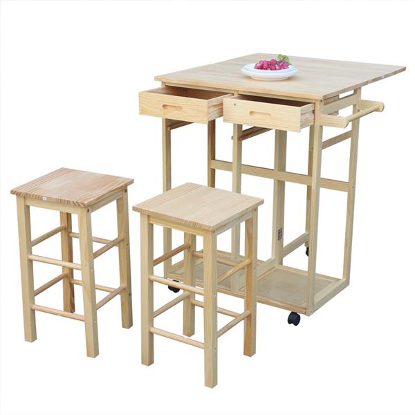 HAOYYE Square Solid Wood Folding Dining Cart with 2 Free Stools Expandable Drop Leaf Table with Drawers and Wheels for Small Spaces