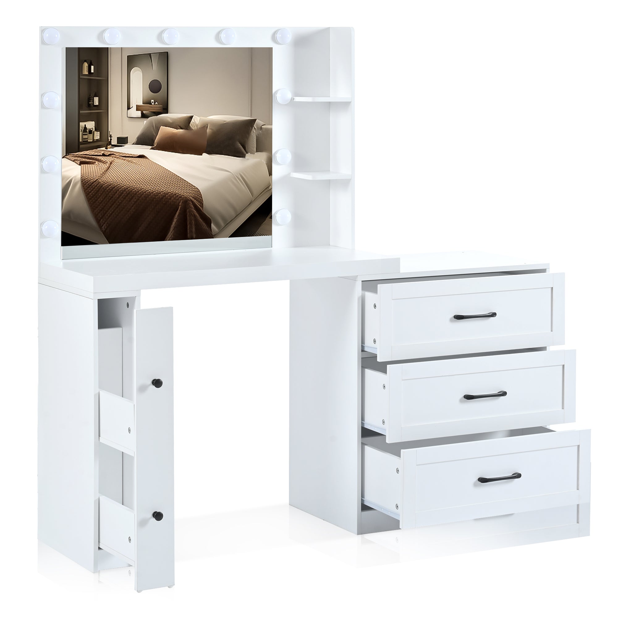 HAOYYE 55.2" Vanity Desk with Freely Adjustable Side Cabinet, Makeup Vanity with Hollywood Lights, 5 Storage Drawers & 2-shelves, Modern Dressing Table, White