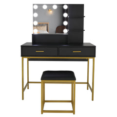 HAOYYE Large Vanity Set with 10 LED Bulbs, Makeup Table with Cushioned Stool, Multiple Storage Shelves and Drawers, Stylish Dressing Table Desk for Bedroom, Modern Black Design for Convenient Makeup and Organization