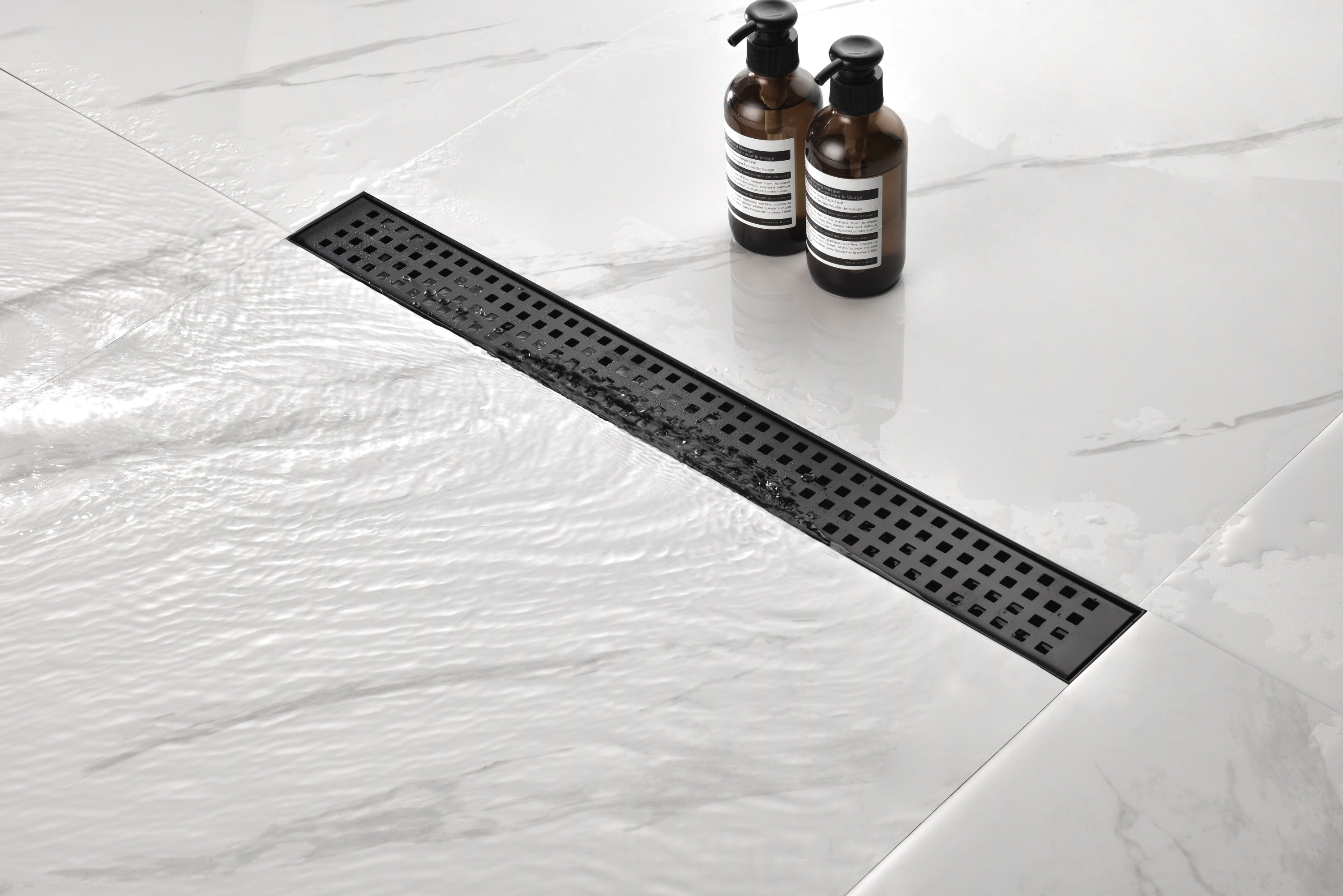 HAOYYE Linear Shower Drain with Removable Quadrato Pattern Grate, 304 Stainless Shower Drain Included Hair Strainer and Leveling Feet Sturdy Space-Saving Heavy Duty Modern Design Adults Dorm Room