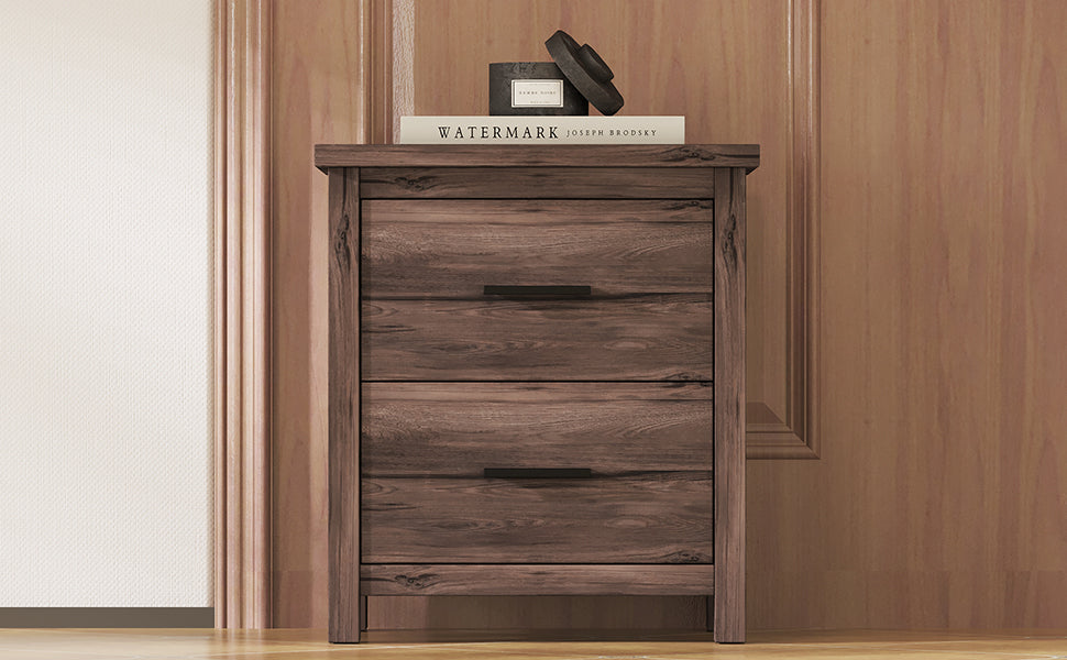 HAOYYE Vintage Nightstand with Two Drawers, Dark Walnut Sturdy Space-Saving Design, Heavy Duty Modern Bedroom Furniture for Adults, Easy Assembly